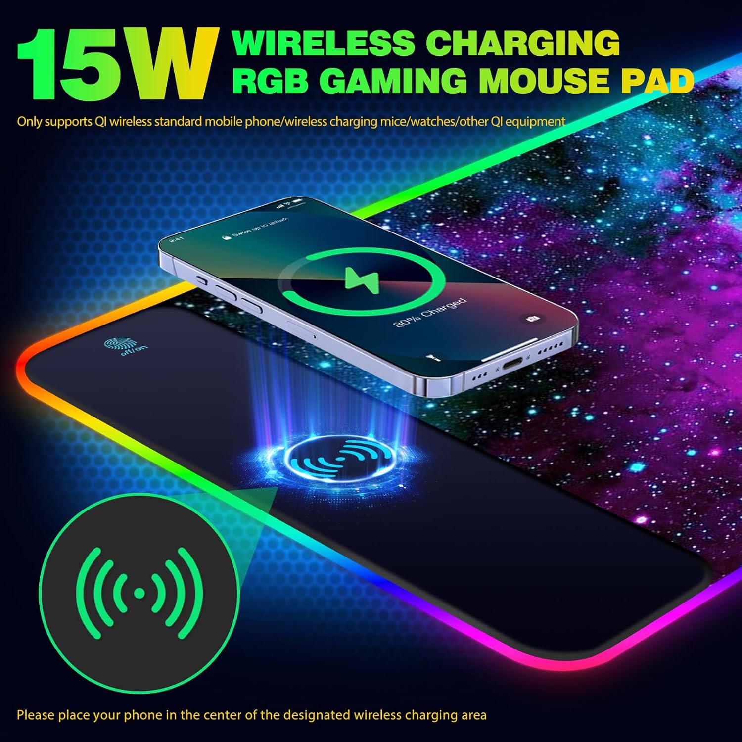 AIMSA RGB Gaming Mouse Pad and Wireless Charging RGB Mouse Mat, Large Led Mousepads Non-Slip Rubber Base with Lighting Modes, Computer Keyboard Mat Soft Desk pad - Image 2