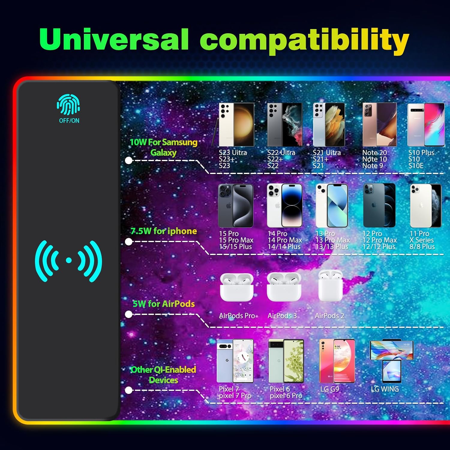 AIMSA RGB Gaming Mouse Pad and Wireless Charging RGB Mouse Mat, Large Led Mousepads Non-Slip Rubber Base with Lighting Modes, Computer Keyboard Mat Soft Desk pad - Image 7