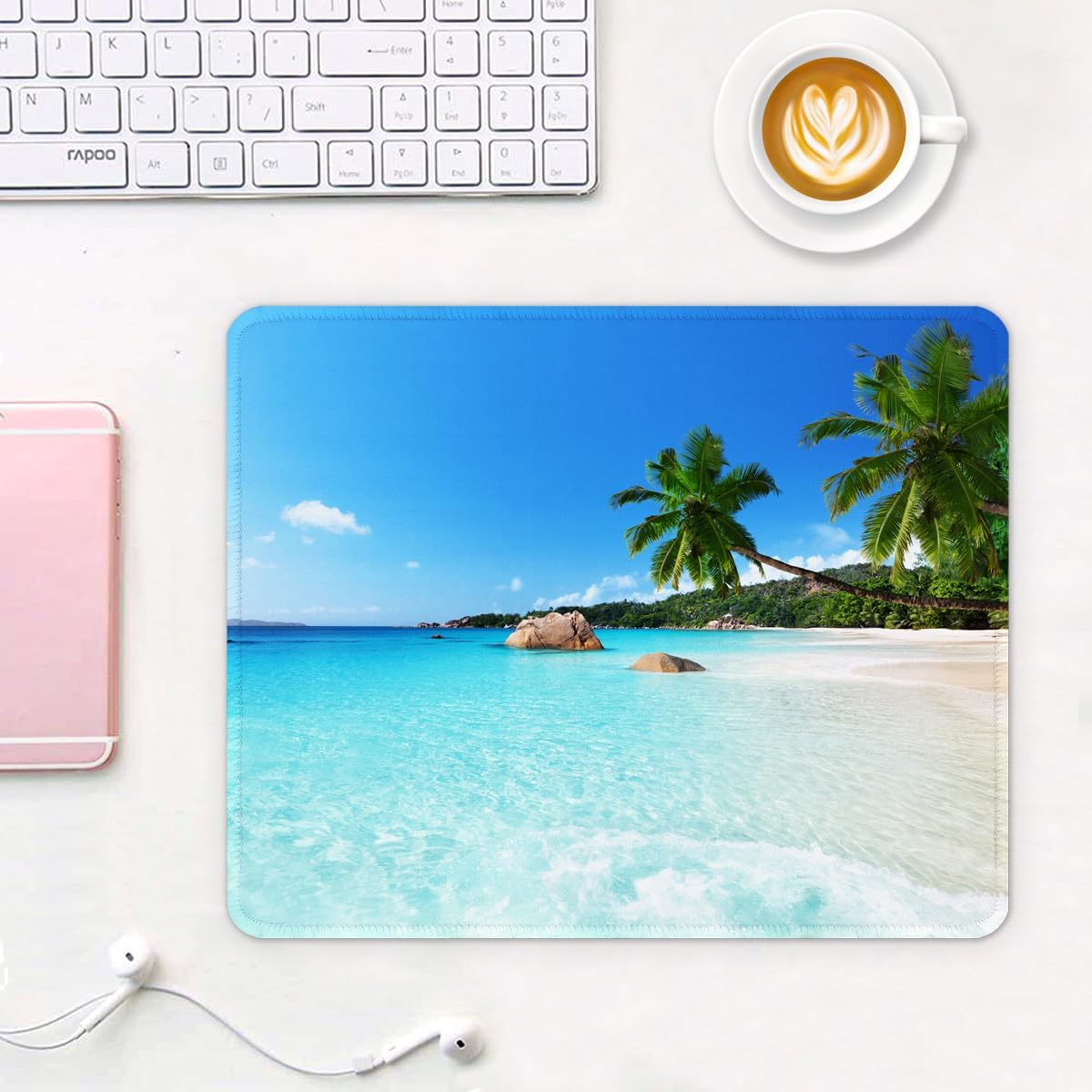 Auhoahsil Mouse Pad, 12 x 10 in Summer Beach Theme Computer Mouse Pad for Desk, Premium-Textured Non-Slip Rubber Stitched Edges Waterproof Square Gaming Mouse Mat for Gaming Work Wireless Mice, Blue - Image 2