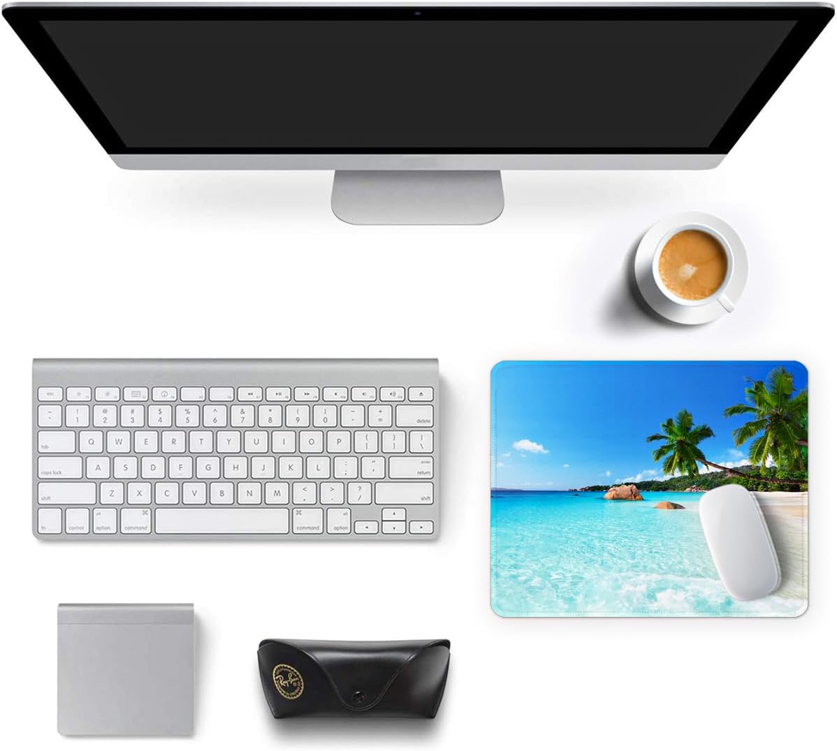 Auhoahsil Mouse Pad, 12 x 10 in Summer Beach Theme Computer Mouse Pad for Desk, Premium-Textured Non-Slip Rubber Stitched Edges Waterproof Square Gaming Mouse Mat for Gaming Work Wireless Mice, Blue - Image 3