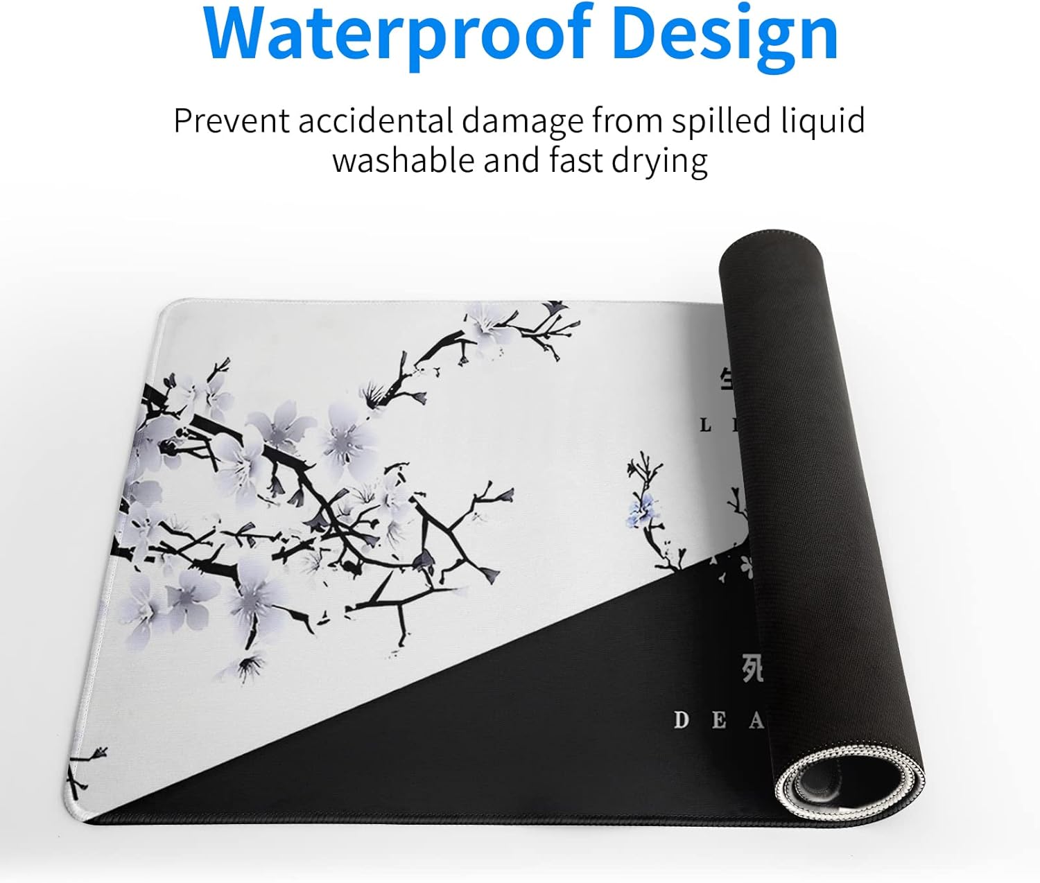 Black and White Japanese Cherry Blossom Gaming Mouse Pad Sakura Death Life Flower Mat 31.5x11.8 Inch Texture Non-Slip Rubber Base Mousepad Stitched Edges Keyboard Desk Pad for Office Home Game - Image 4