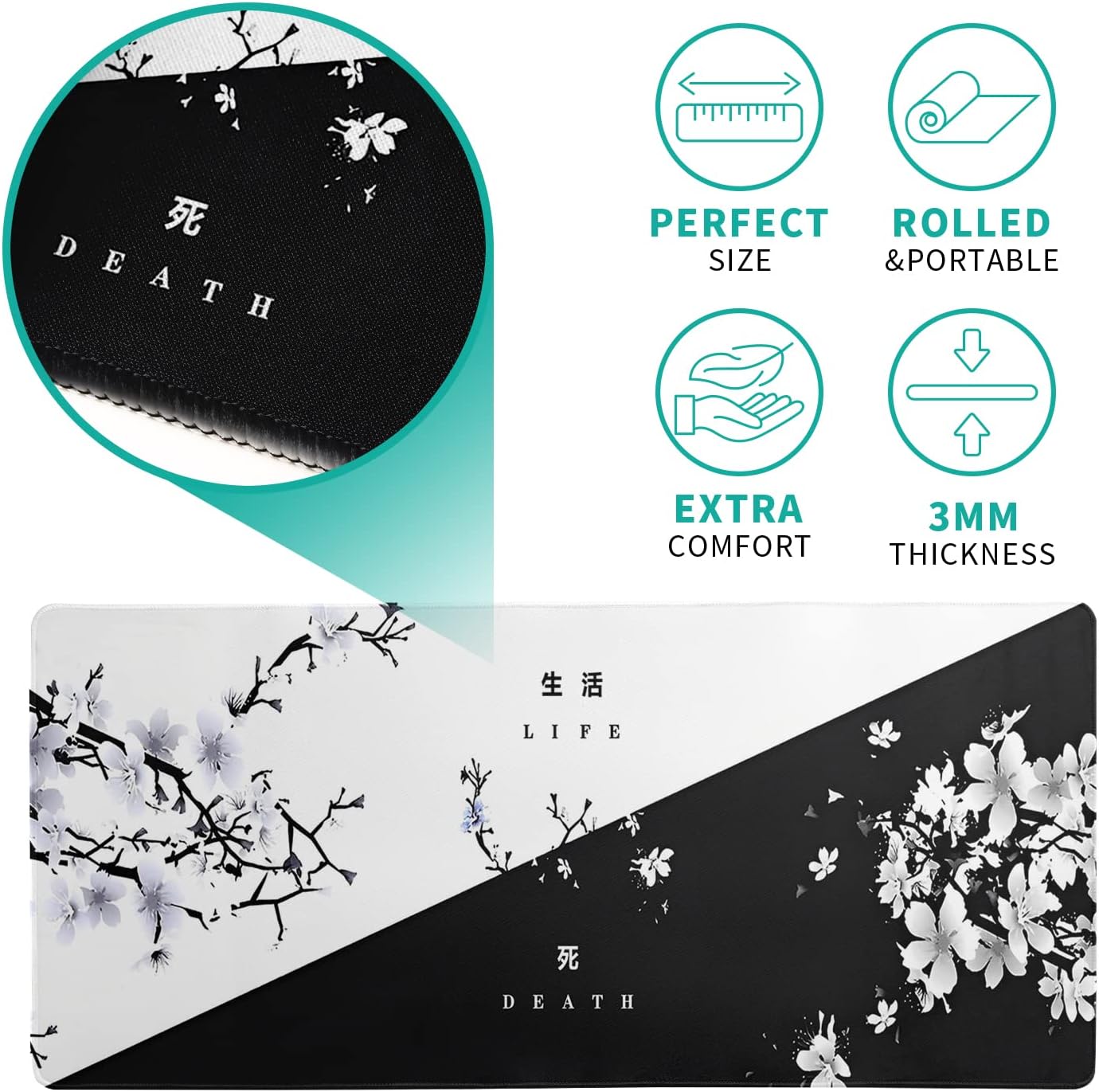 Black and White Japanese Cherry Blossom Gaming Mouse Pad Sakura Death Life Flower Mat 31.5x11.8 Inch Texture Non-Slip Rubber Base Mousepad Stitched Edges Keyboard Desk Pad for Office Home Game - Image 5