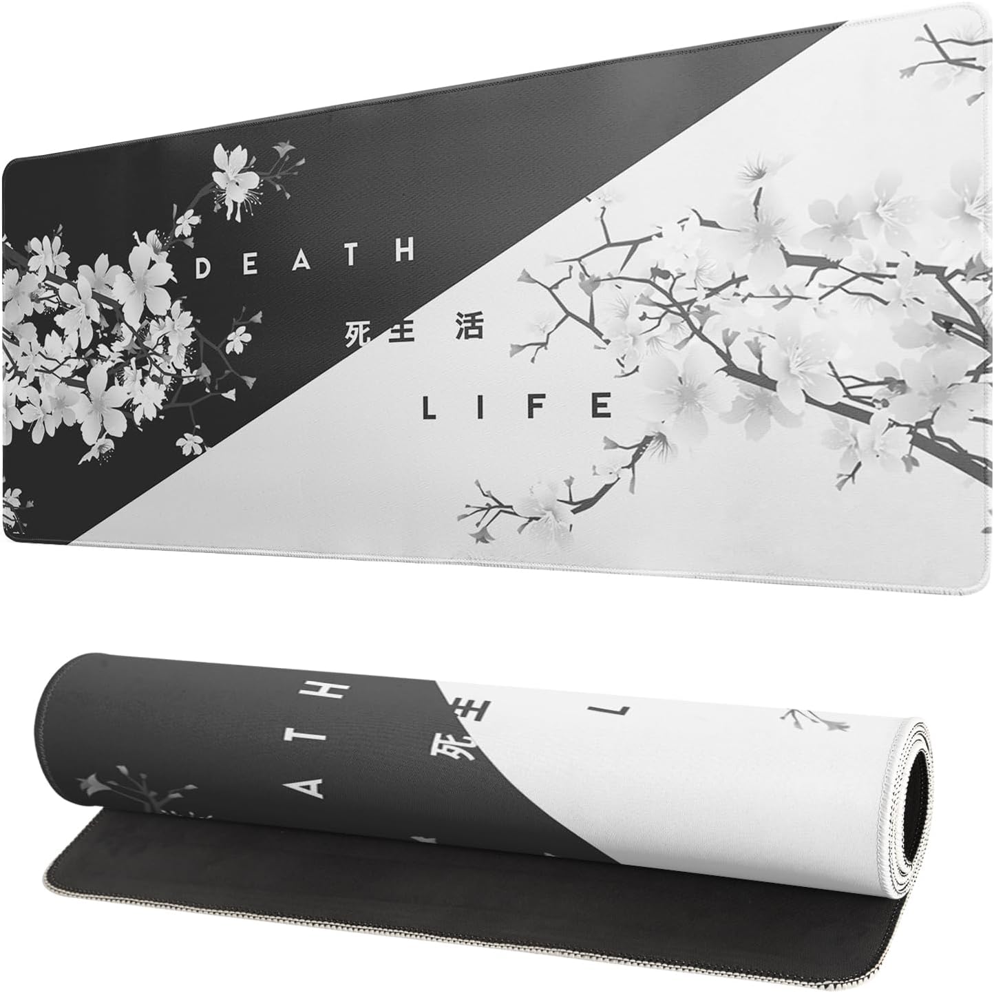 Black and White Japanese Cherry Blossom Gaming Mouse Pad Sakura Death Life Flower Mat 31.5x11.8 Inch Texture Non-Slip Rubber Base Mousepad Stitched Edges Keyboard Desk Pad for Office Home Game - Image 22