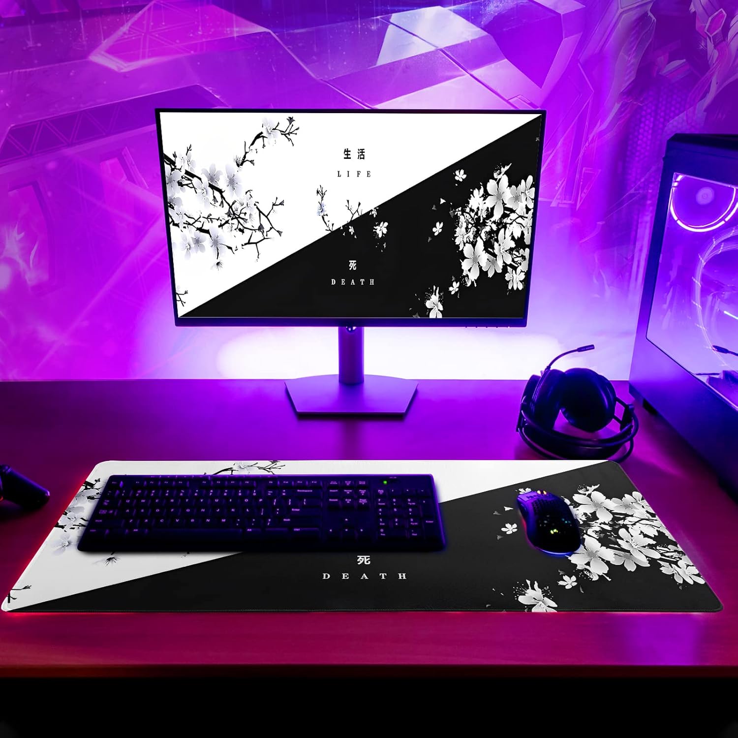 Black and White Japanese Cherry Blossom Gaming Mouse Pad Sakura Death Life Flower Mat 31.5x11.8 Inch Texture Non-Slip Rubber Base Mousepad Stitched Edges Keyboard Desk Pad for Office Home Game - Image 6