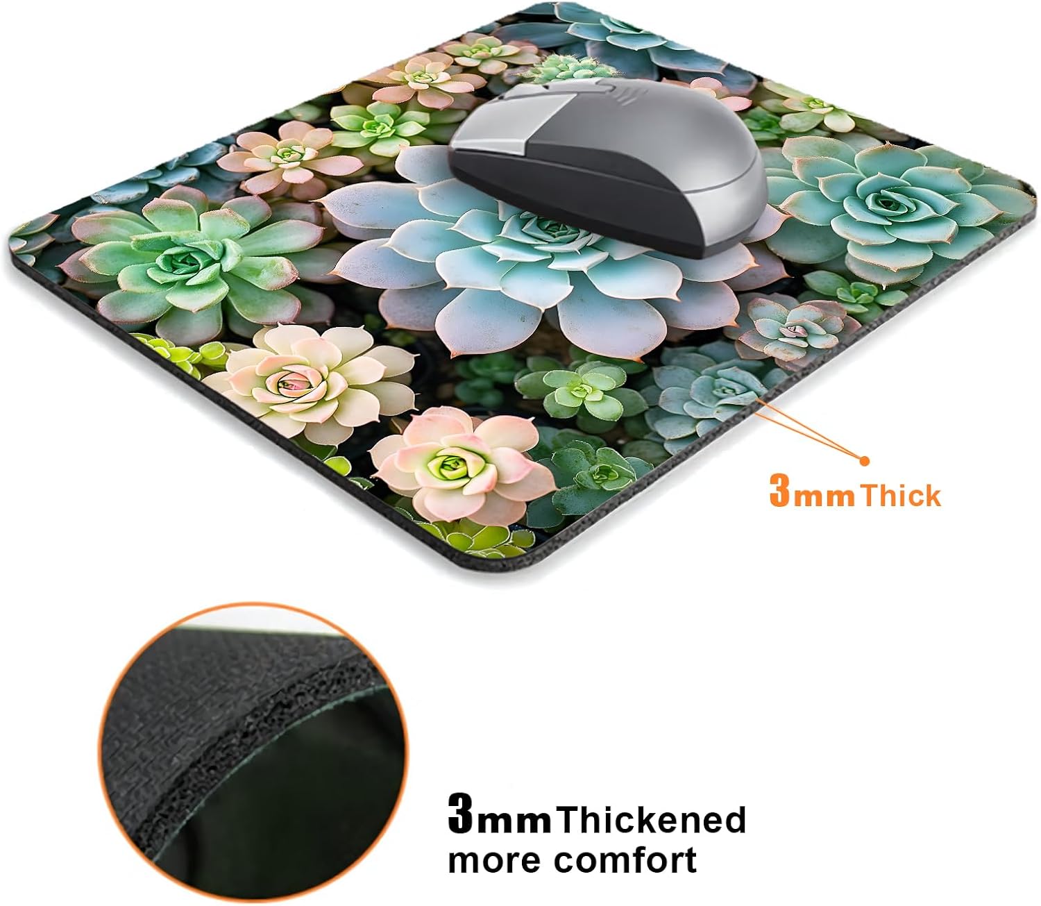 Cute Succulent Plants Mouse Pads for Desk, Portable Wireless Computer Mouse pad Small Design with Women, Non-Slip Rubber Base Laptop Mousepad 9.5" x 7.9" Smooth Surface for Office & Travel - Image 3