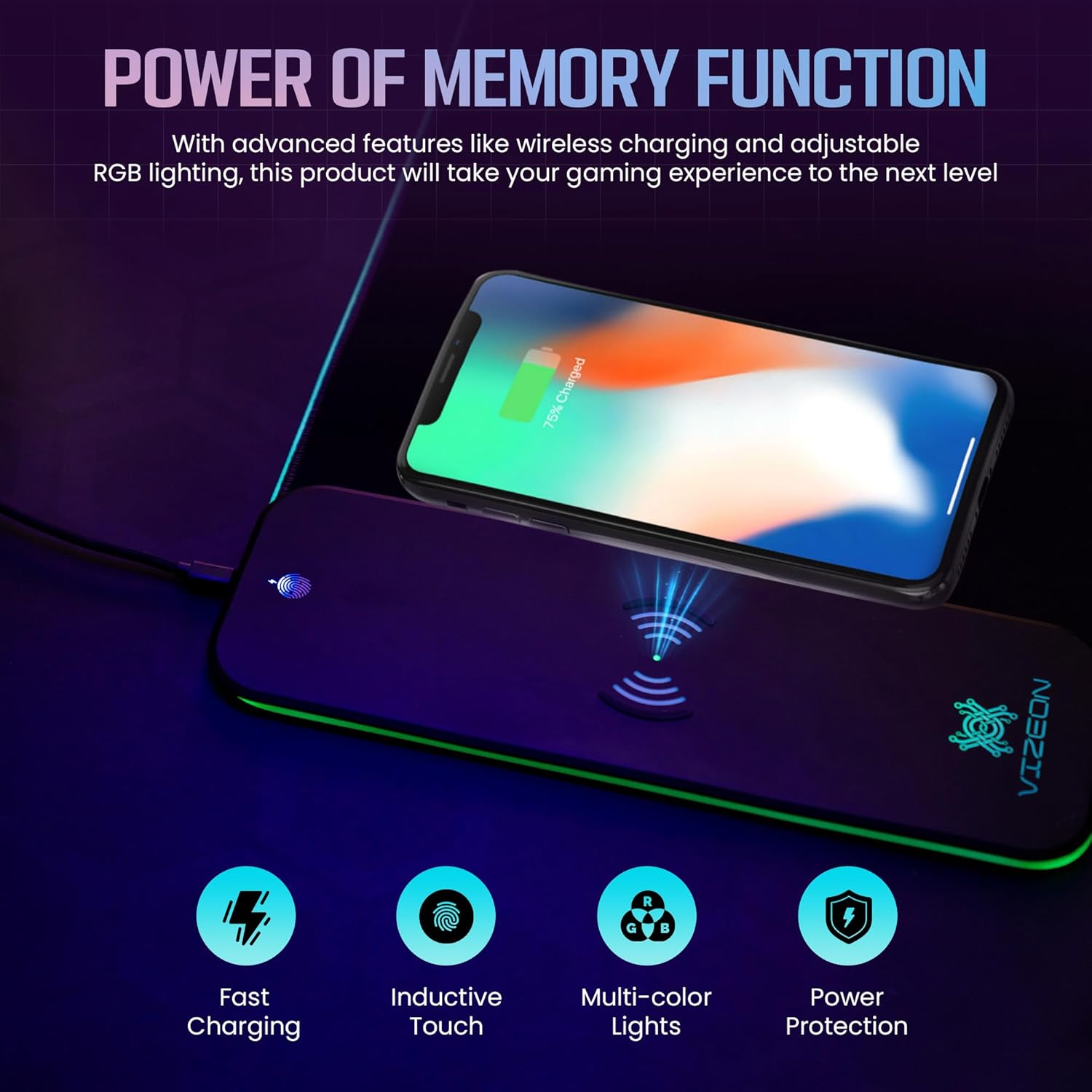 Genesis Gaming Mouse Pad - 300x800x4mm Water-Resistant Durable Desk Mat for Keyboard and Mouse - Non Slip Rubber Base RGB Mousepad with Wireless Charging Station - Black - Image 2