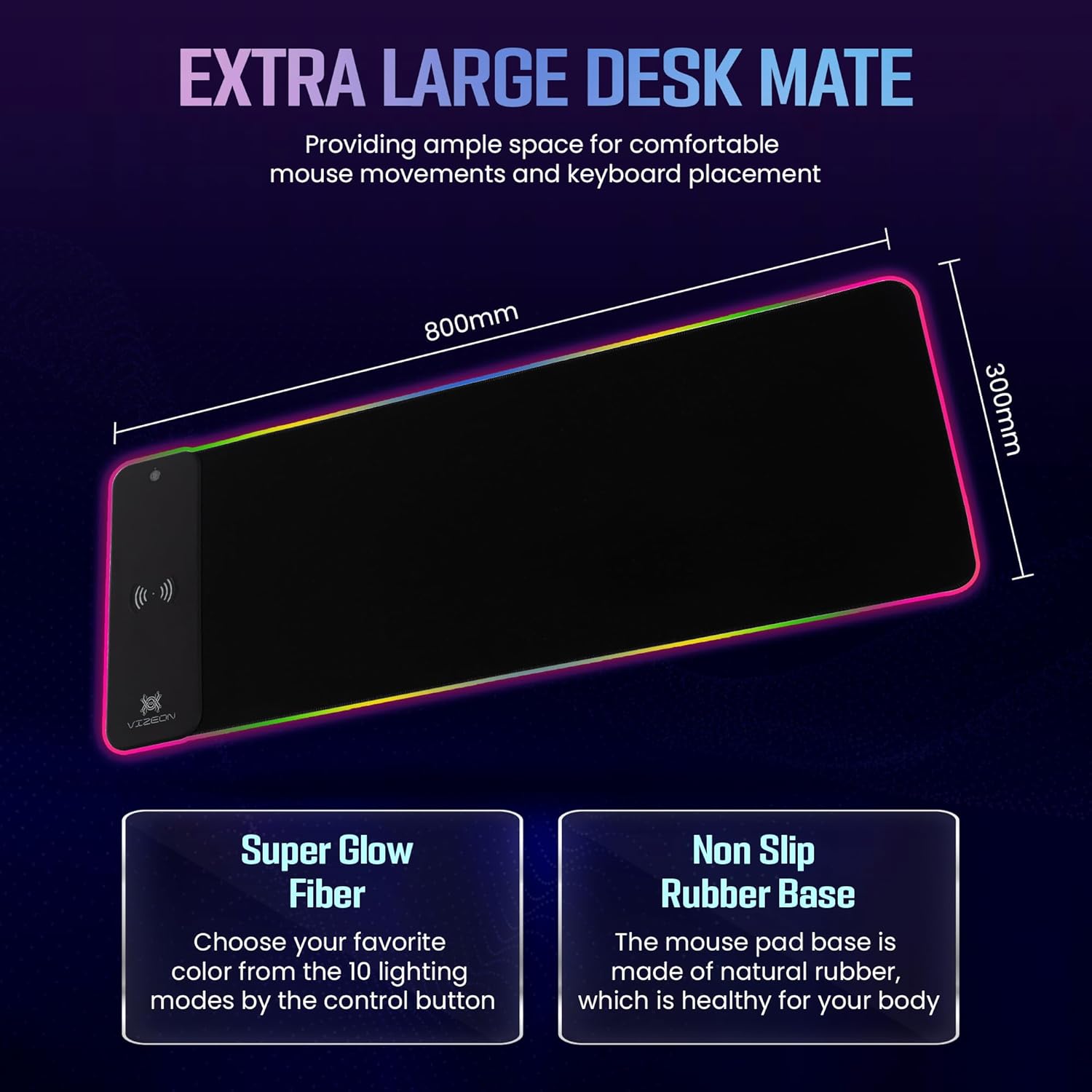 Genesis Gaming Mouse Pad - 300x800x4mm Water-Resistant Durable Desk Mat for Keyboard and Mouse - Non Slip Rubber Base RGB Mousepad with Wireless Charging Station - Black - Image 5