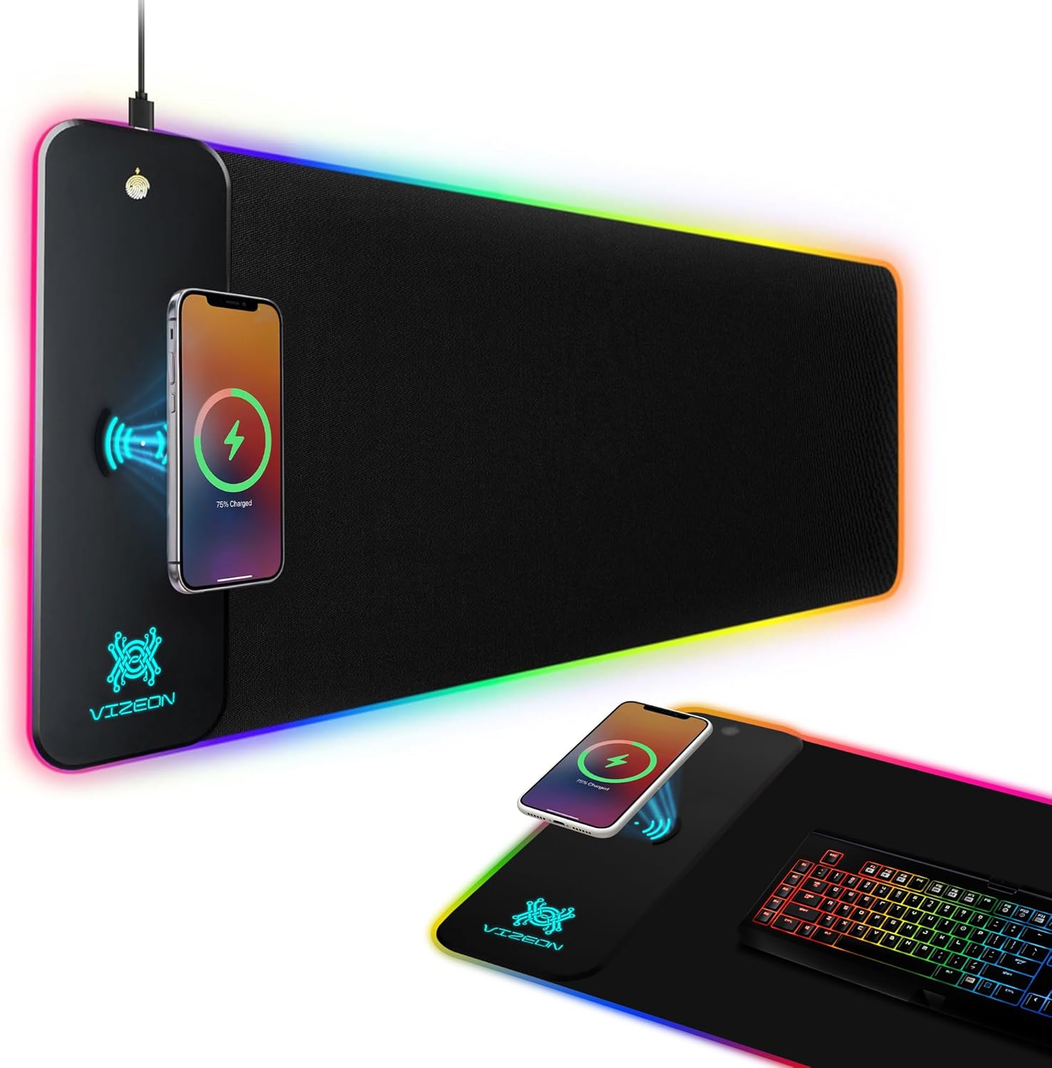 Genesis Gaming Mouse Pad - 300x800x4mm Water-Resistant Durable Desk Mat for Keyboard and Mouse - Non Slip Rubber Base RGB Mousepad with Wireless Charging Station - Black