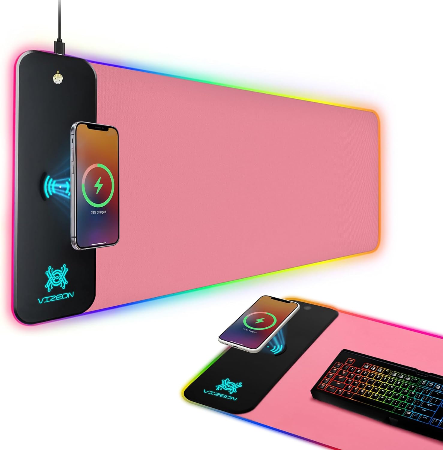 Genesis Gaming Mouse Pad - 300x800x4mm Water-Resistant Durable Desk Mat for Keyboard and Mouse - Non Slip Rubber Base RGB Mousepad with Wireless Charging Station - Pink