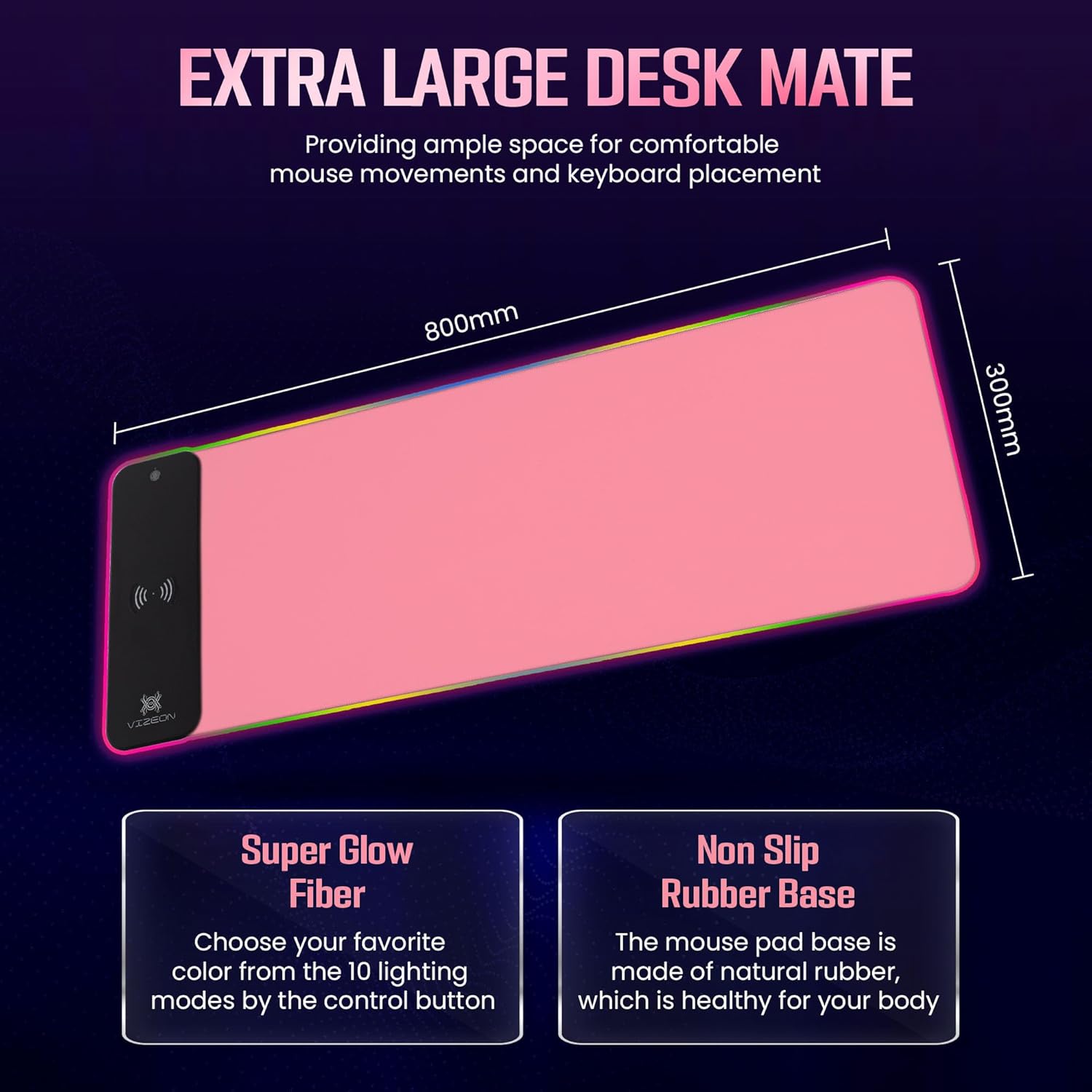 Genesis Gaming Mouse Pad - 300x800x4mm Water-Resistant Durable Desk Mat for Keyboard and Mouse - Non Slip Rubber Base RGB Mousepad with Wireless Charging Station - Pink - Image 5