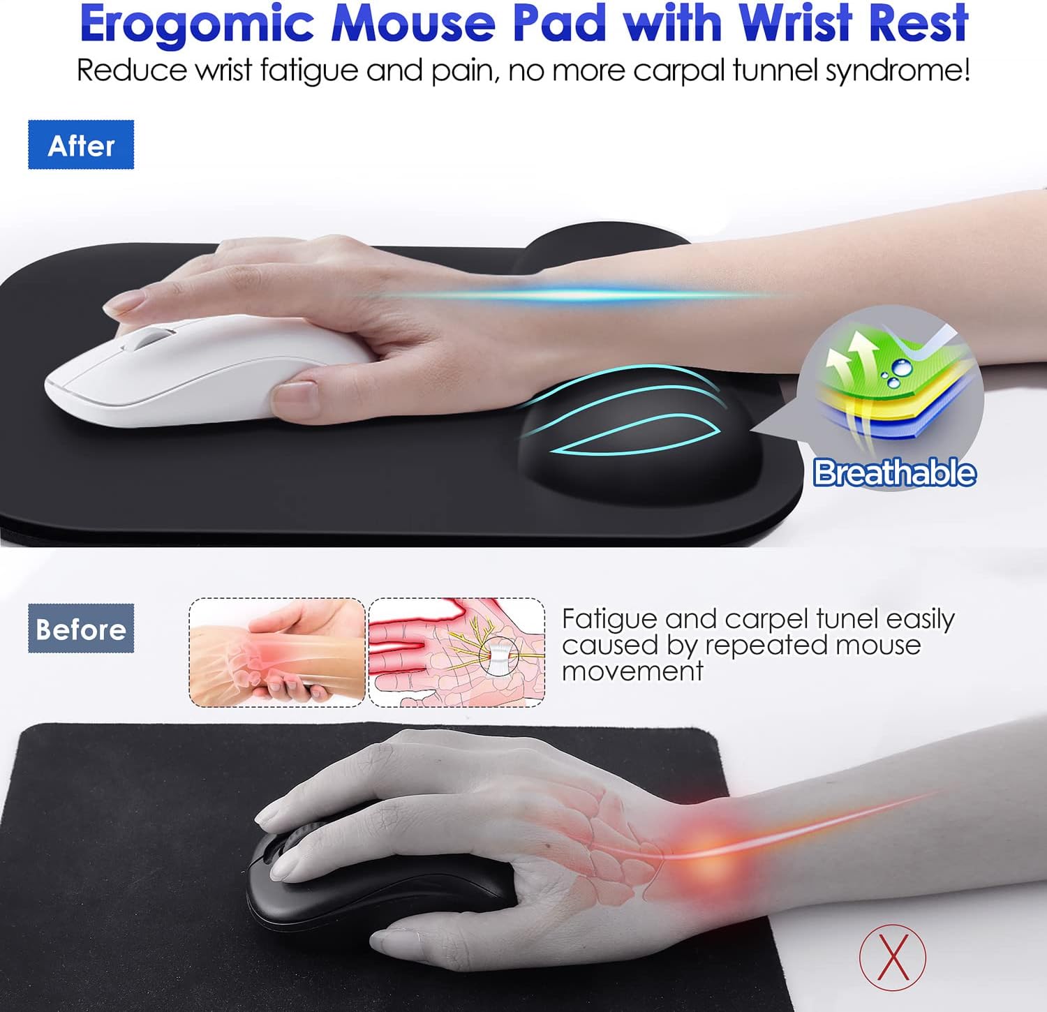 Gimars Mouse Pad with Wrist Rest, Large Smooth Superfine Fibre Memory Foam Ergonomic Mouse Pad, Comfortable Mousepad with Nonslip Base for Pain Relief, Laptop, Computer, Gaming, Office, 11 x 8.26'' - Image 5