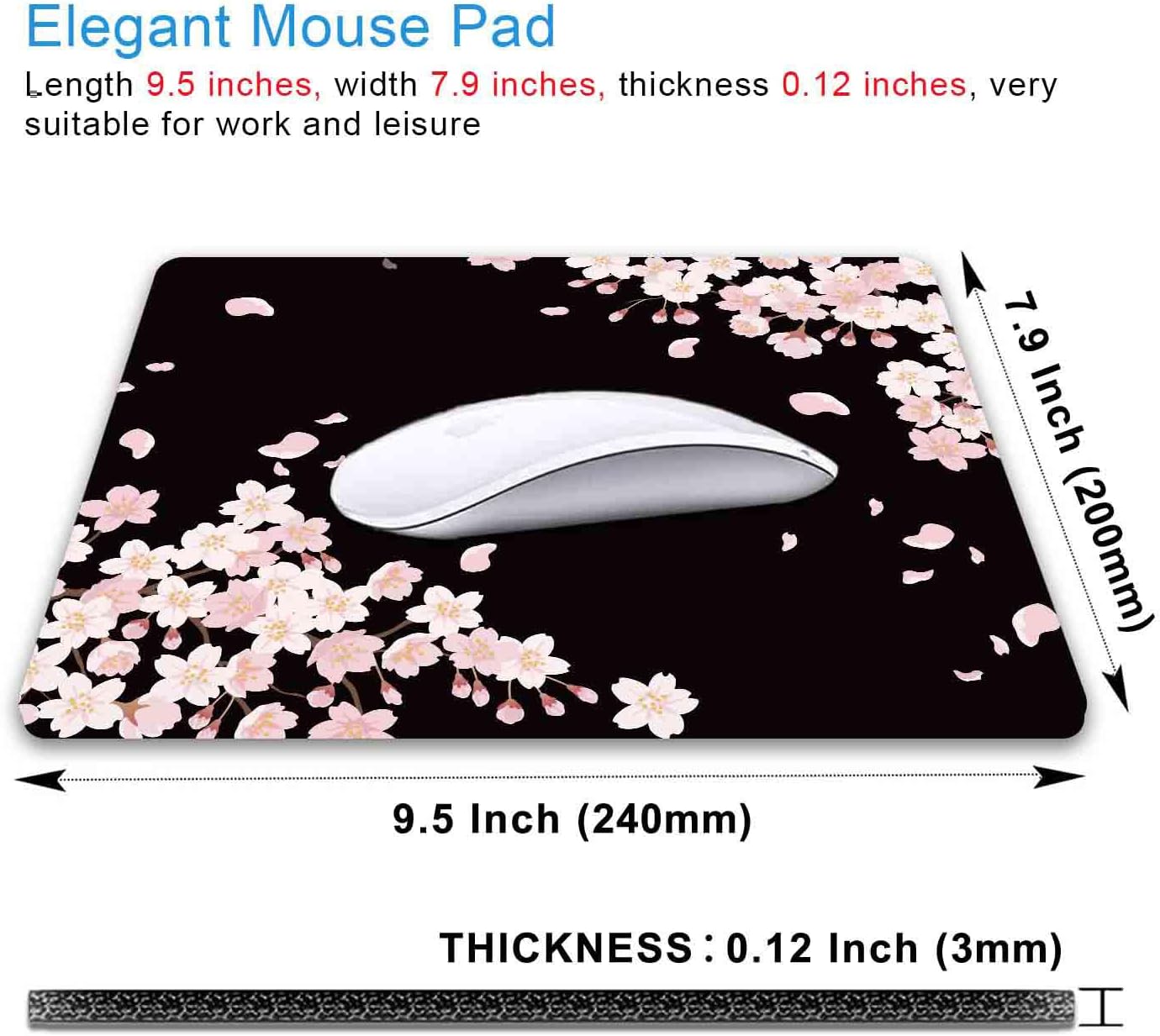 IMAYONDIA Cute Pink Flowers Mouse Pad, Cherry Blossom Mouse Pad, Serene Blossoms on Black Elegant Floral Mousepad, Japanese Minimalistic Mice pad for Computer Office Girl, 9.5 x 7.9 Inch - Image 2