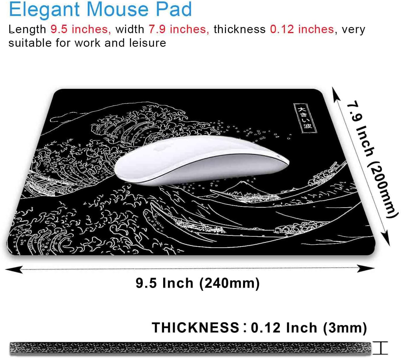 IMAYONDIA Japanese Great Wave Mouse Pad, Black Anime Gaming Mouse Pad, Kanagawa Mousepad, Non-Slip Rubber Base Computer Mice Pad for School Home Office, 9.5 x 7.9 Inch - Image 2