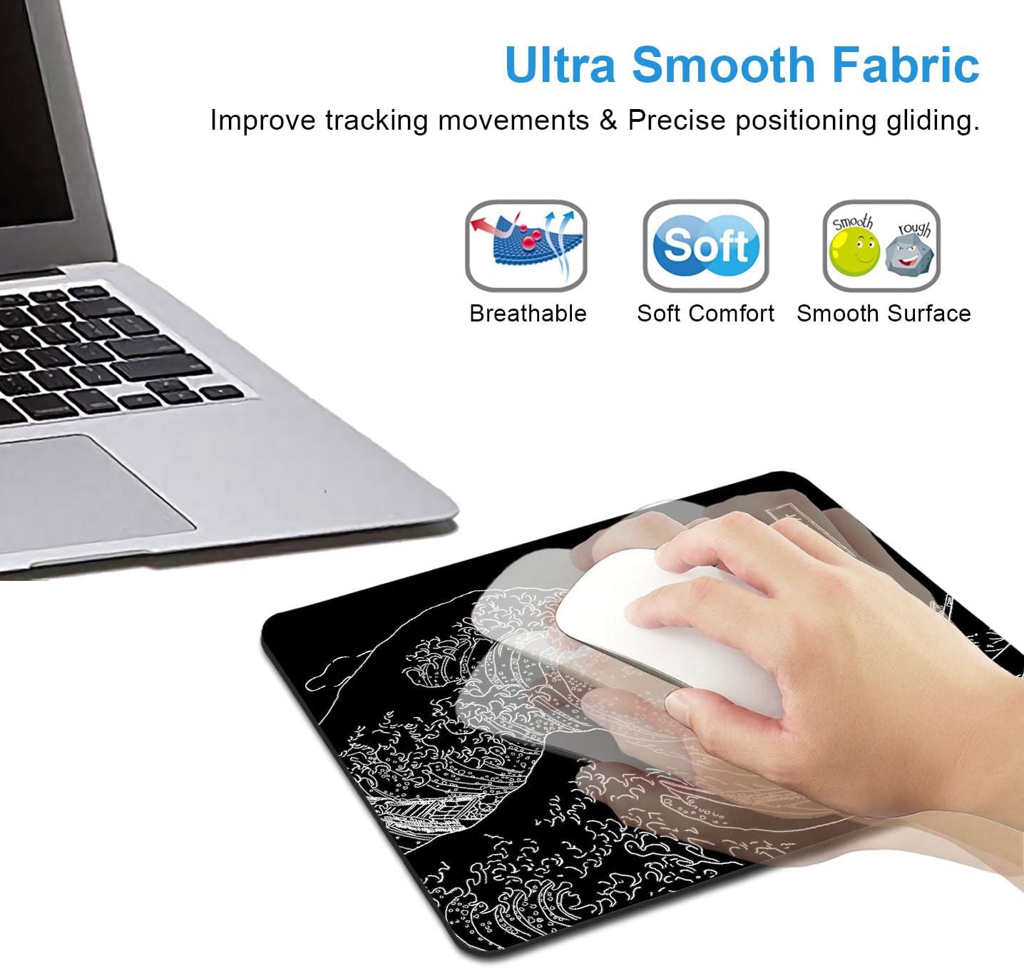 IMAYONDIA Japanese Great Wave Mouse Pad, Black Anime Gaming Mouse Pad, Kanagawa Mousepad, Non-Slip Rubber Base Computer Mice Pad for School Home Office, 9.5 x 7.9 Inch - Image 4