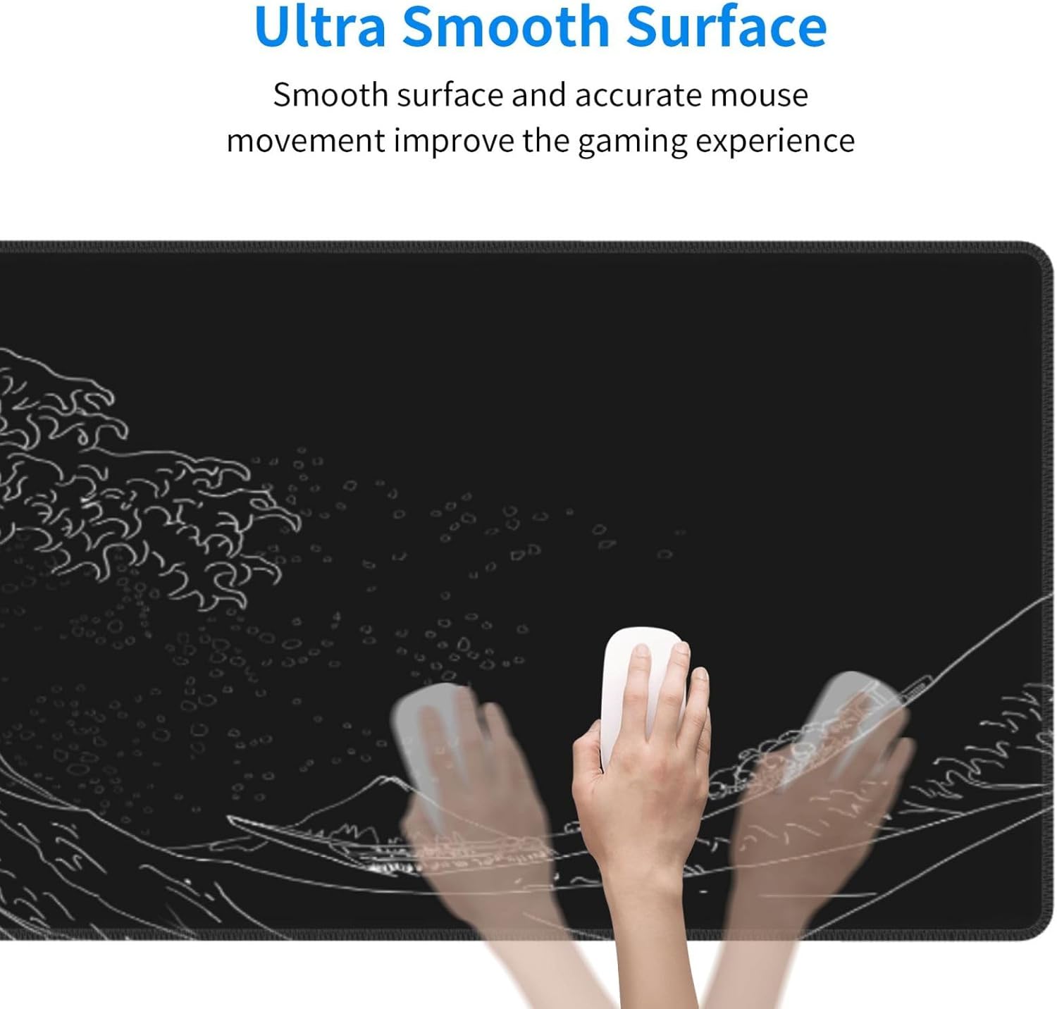 Japanese Gaming Mouse Pad Black Mouse Pad Kanagawa Large Mousepad Non-Slip Rubber Base Waterproof with Stitched Edges for Gaming Office Home, 31.5x11.8 Inch (Black Wave) - Image 4