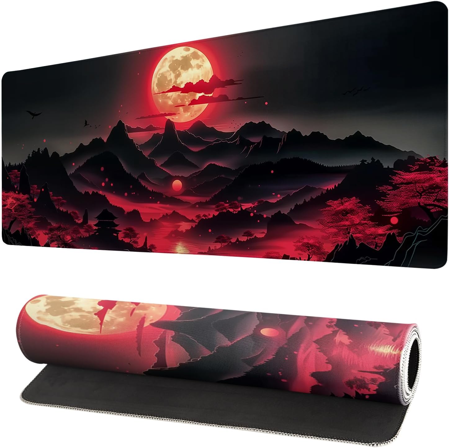 Japanese Gaming Mouse Pad Black Mouse Pad Kanagawa Large Mousepad Non-Slip Rubber Base Waterproof with Stitched Edges for Gaming Office Home, 31.5x11.8 Inch (Black Wave) - Image 11