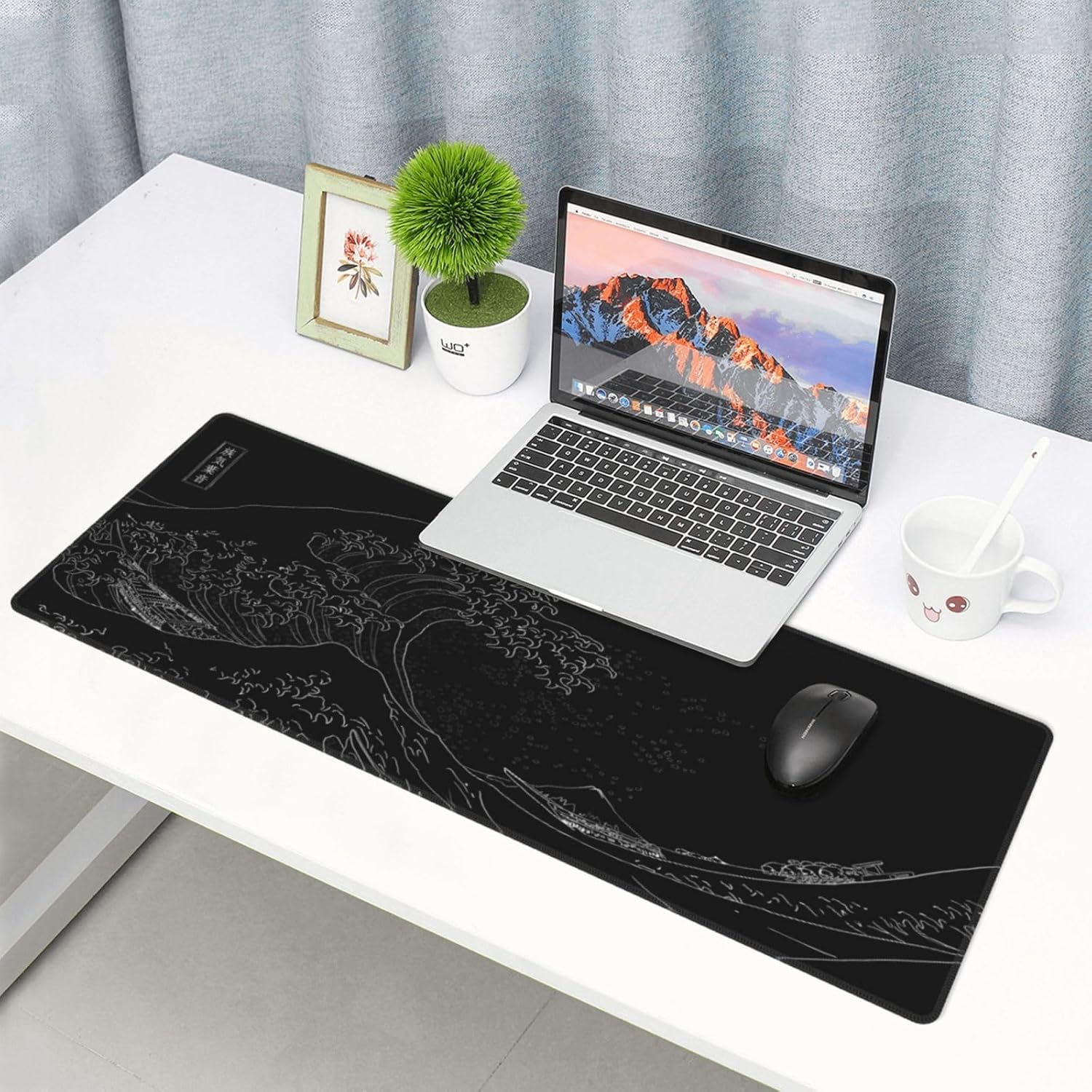 Japanese Gaming Mouse Pad Black Mouse Pad Kanagawa Large Mousepad Non-Slip Rubber Base Waterproof with Stitched Edges for Gaming Office Home, 31.5x11.8 Inch (Black Wave) - Image 2