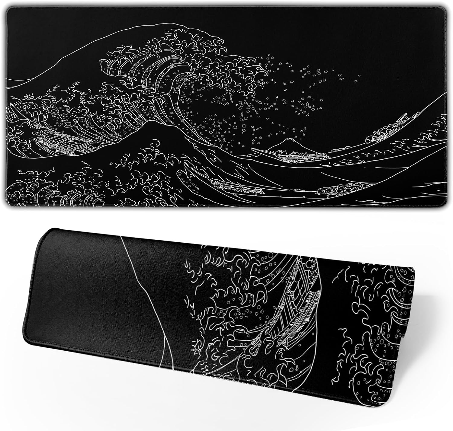Japanese Gaming Mouse Pad Black Mouse Pad Kanagawa Large Mousepad Non-Slip Rubber Base Waterproof with Stitched Edges for Gaming Office Home, 31.5x11.8 Inch (Black Wave) - Image 34