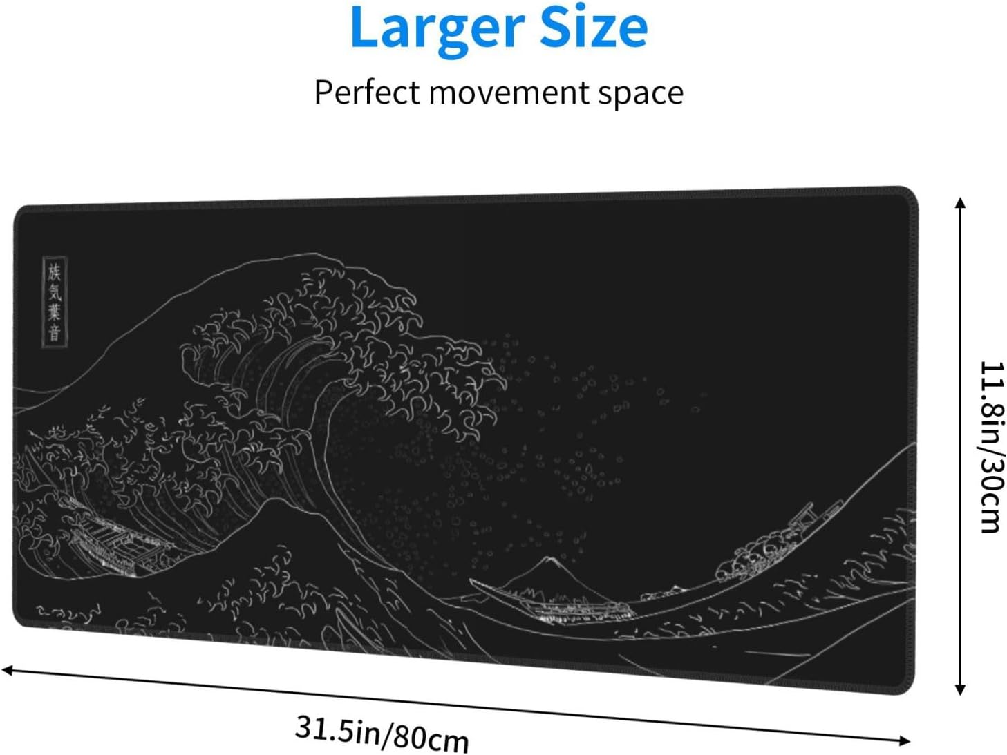 Japanese Gaming Mouse Pad Black Mouse Pad Kanagawa Large Mousepad Non-Slip Rubber Base Waterproof with Stitched Edges for Gaming Office Home, 31.5x11.8 Inch (Black Wave) - Image 3