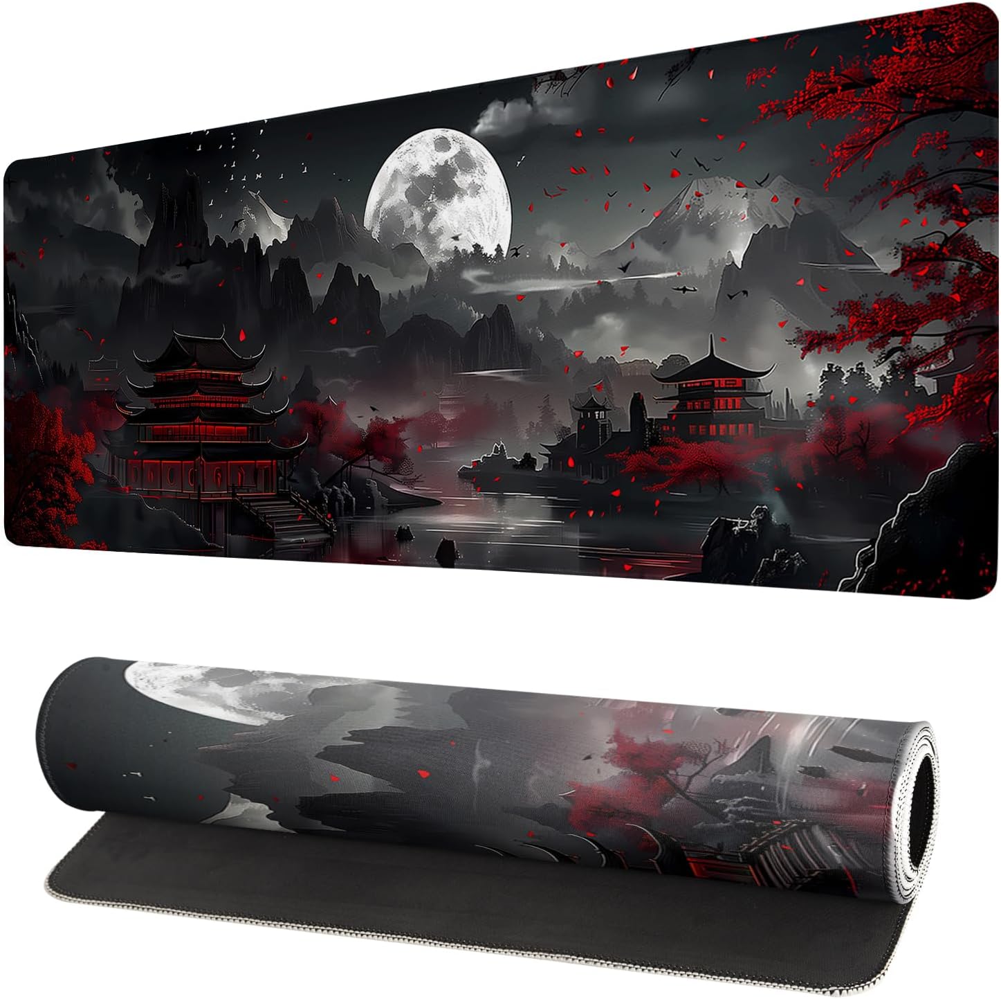 Japanese Gaming Mouse Pad Black Mouse Pad Kanagawa Large Mousepad Non-Slip Rubber Base Waterproof with Stitched Edges for Gaming Office Home, 31.5x11.8 Inch (Black Wave) - Image 16