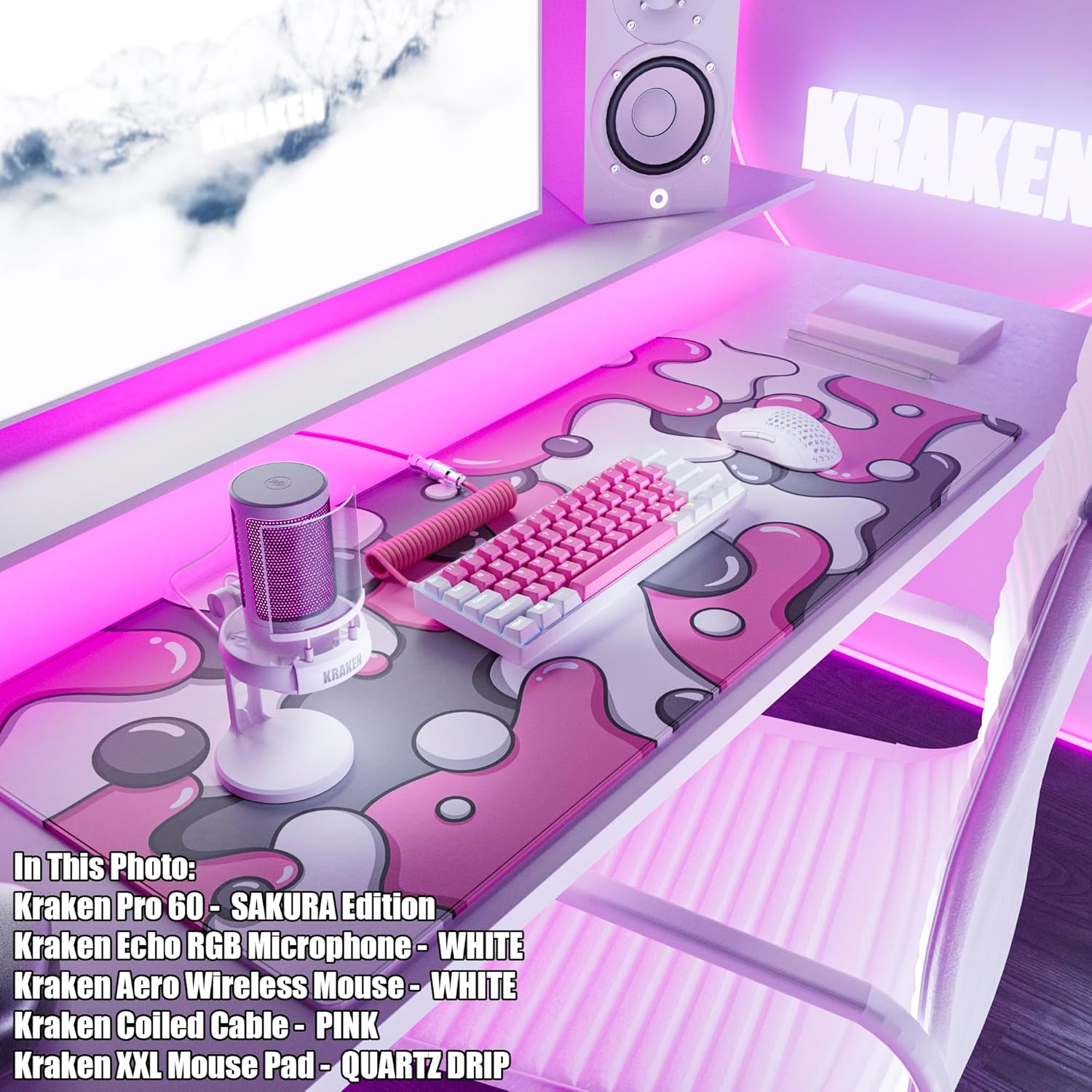 Kraken XXL Drip Pink & White Mouse Pad Gaming Mousepad + Kraken Echo RGB Gaming Microphone - Image 3