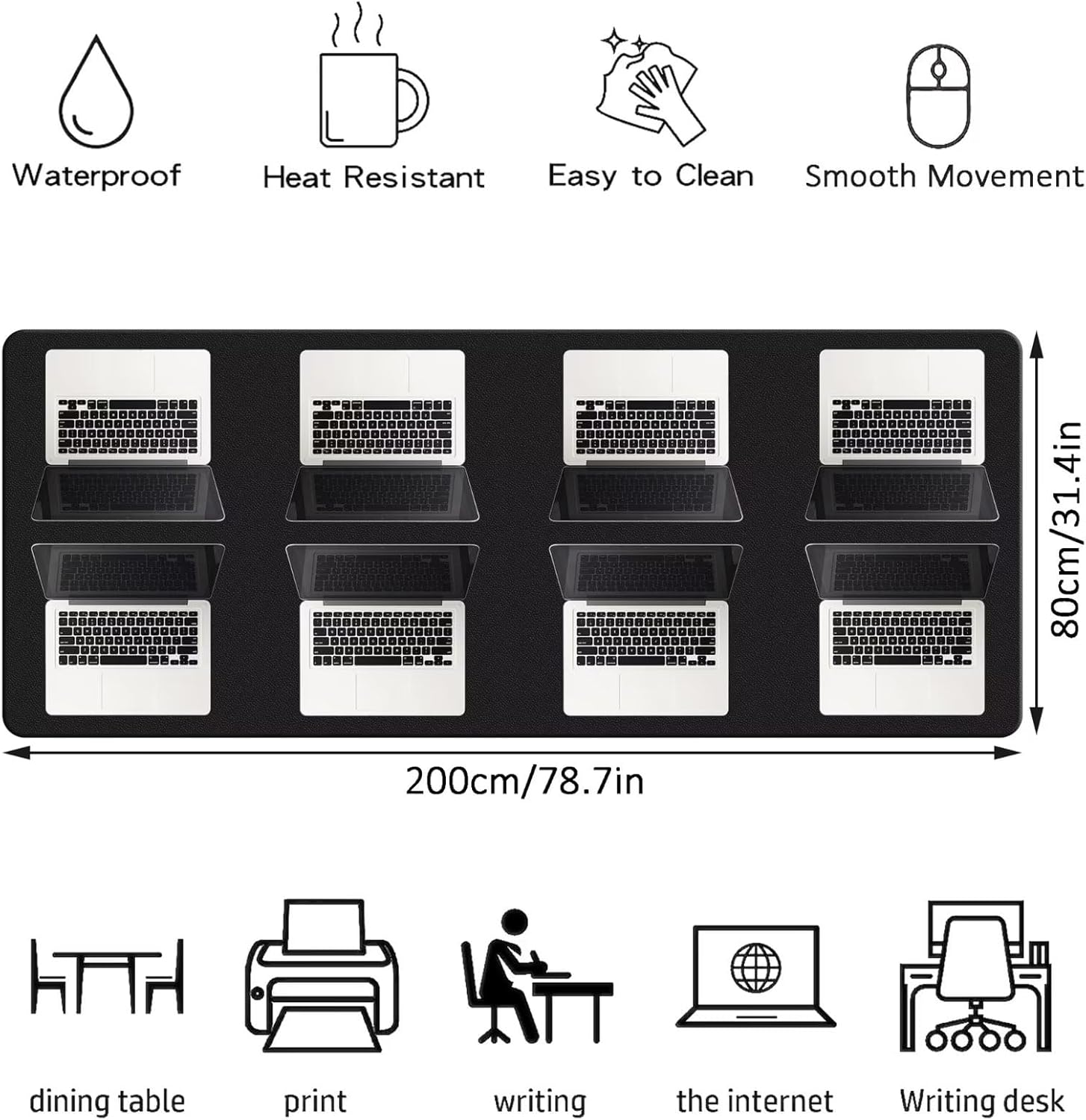 LL-COEUR Extra Large PU Leather Desk Mat Black Large Mouse Pad XXL Waterproof Table Mat Office Laptop Writing Pad (78.7 x 31.5 inch) - Image 3