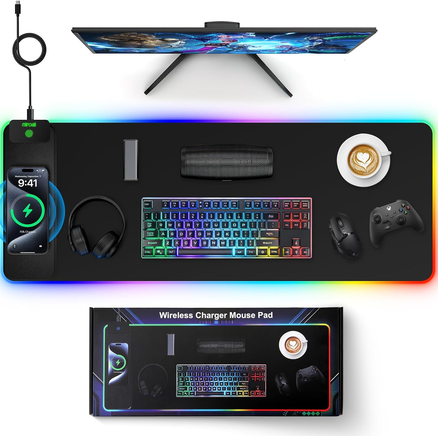 Magnetic RGB Gaming Mouse Pad 31.5x15.75 Inch, 15W Fast Wireless Charging Desk Mat, XXL Desk Pad with 11 RGB Lighting Modes, Home Office Large Keyboard Pad with Ultra-Smooth Surface, Non-Slip Base - Image 14