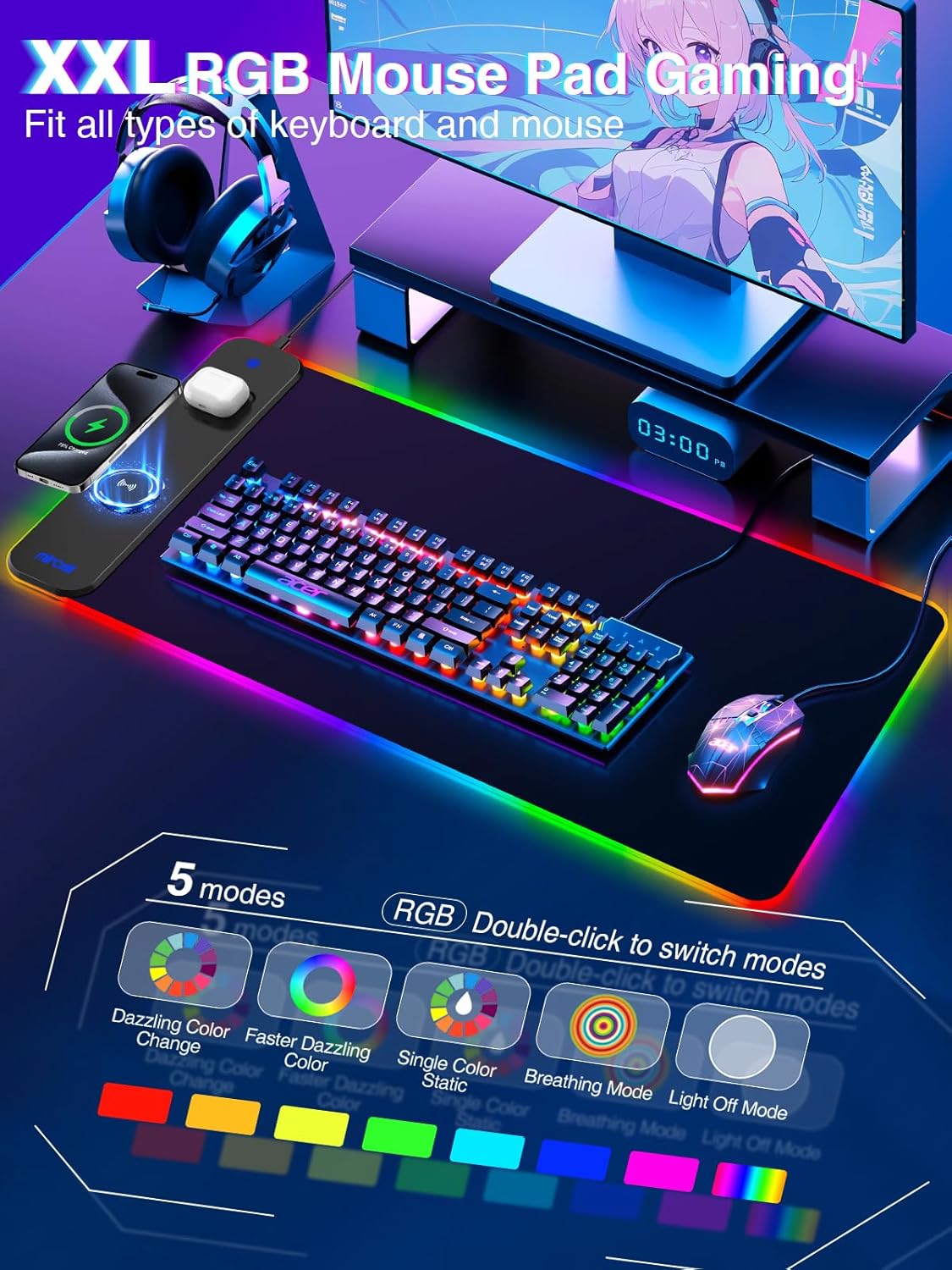 Magnetic RGB Gaming Mouse Pad 31.5x15.75 Inch, 15W Fast Wireless Charging Desk Mat, XXL Desk Pad with 11 RGB Lighting Modes, Home Office Large Keyboard Pad with Ultra-Smooth Surface, Non-Slip Base - Image 2