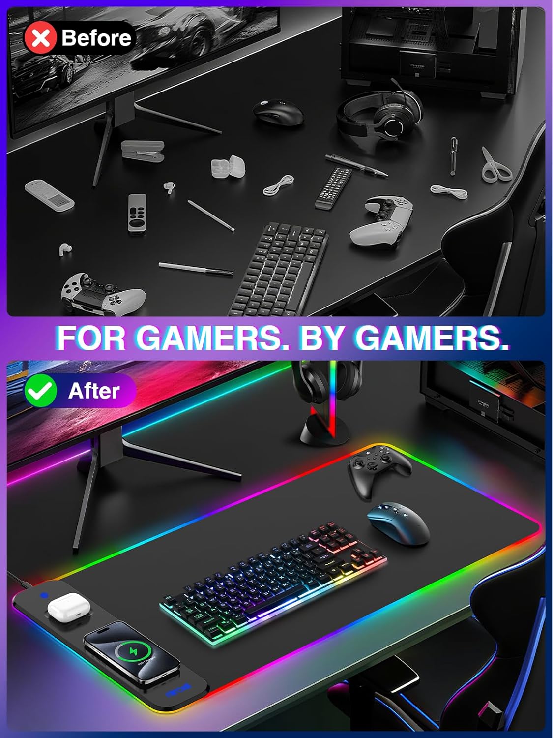 Magnetic RGB Gaming Mouse Pad 31.5x15.75 Inch, 15W Fast Wireless Charging Desk Mat, XXL Desk Pad with 11 RGB Lighting Modes, Home Office Large Keyboard Pad with Ultra-Smooth Surface, Non-Slip Base - Image 7