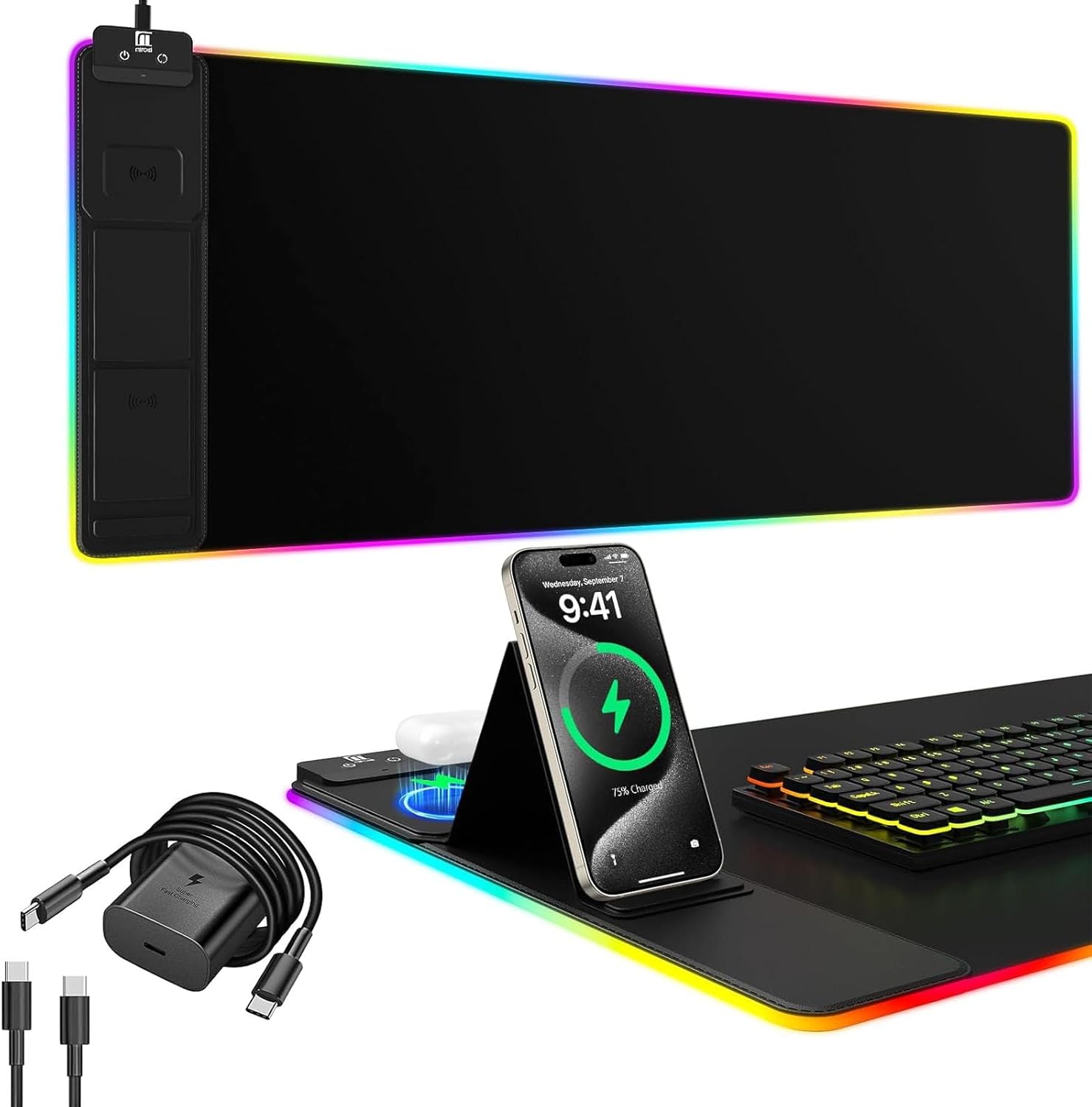 Magnetic RGB Gaming Mouse Pad 31.5x15.75 Inch, 15W Fast Wireless Charging Desk Mat, XXL Desk Pad with 11 RGB Lighting Modes, Home Office Large Keyboard Pad with Ultra-Smooth Surface, Non-Slip Base - Image 16