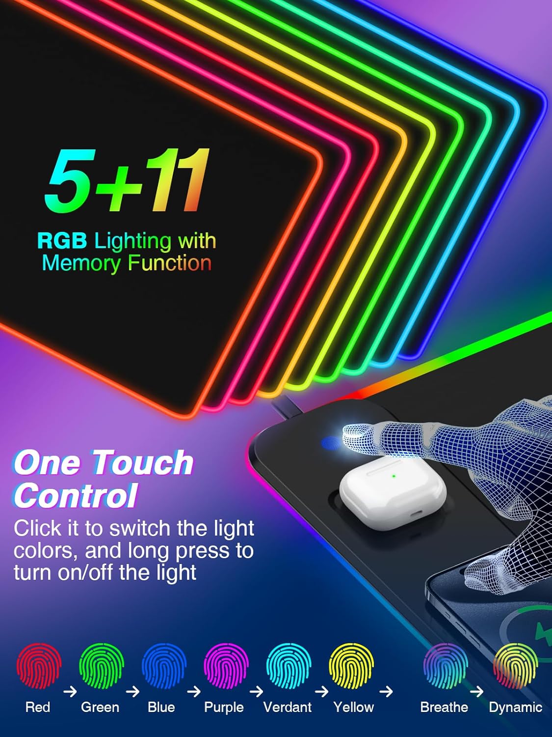 Magnetic RGB Gaming Mouse Pad 31.5x15.75 Inch, 15W Fast Wireless Charging Desk Mat, XXL Desk Pad with 11 RGB Lighting Modes, Home Office Large Keyboard Pad with Ultra-Smooth Surface, Non-Slip Base - Image 4