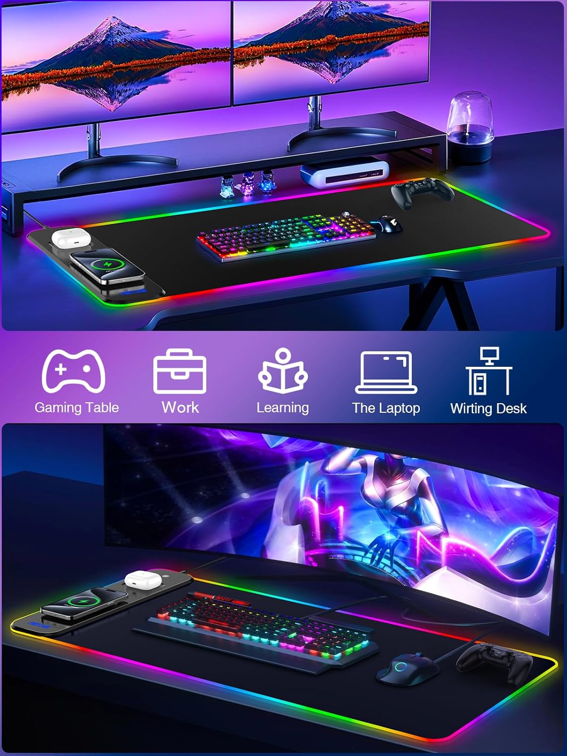 Magnetic RGB Gaming Mouse Pad 31.5x15.75 Inch, 15W Fast Wireless Charging Desk Mat, XXL Desk Pad with 11 RGB Lighting Modes, Home Office Large Keyboard Pad with Ultra-Smooth Surface, Non-Slip Base - Image 8