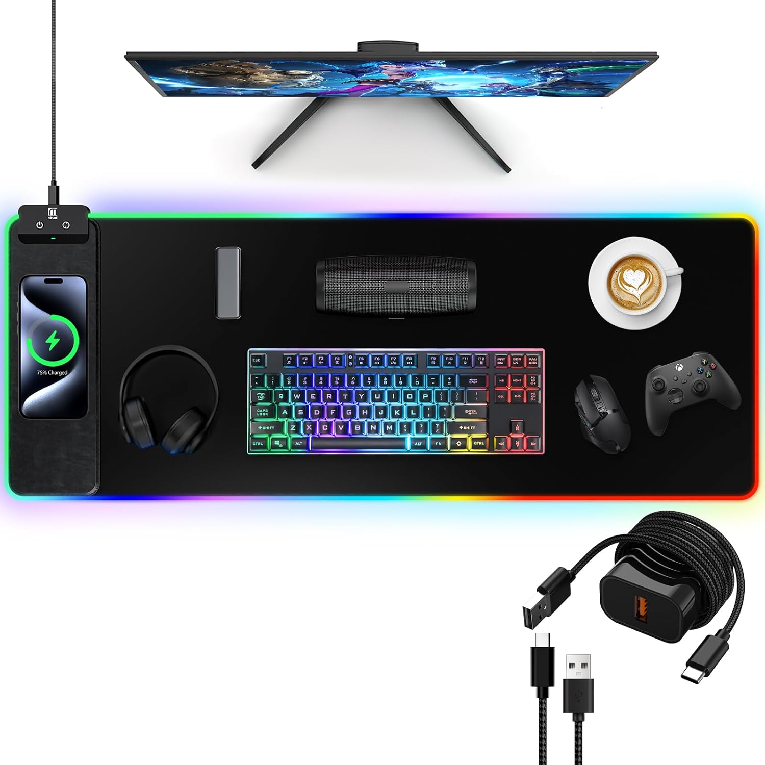 Magnetic RGB Gaming Mouse Pad 31.5x15.75 Inch, 15W Fast Wireless Charging Desk Mat, XXL Desk Pad with 11 RGB Lighting Modes, Home Office Large Keyboard Pad with Ultra-Smooth Surface, Non-Slip Base - Image 17