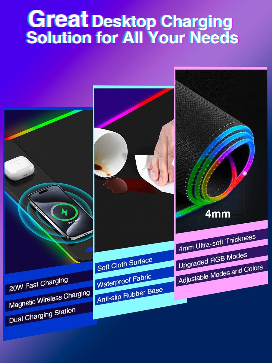 Magnetic RGB Gaming Mouse Pad 31.5x15.75 Inch, 15W Fast Wireless Charging Desk Mat, XXL Desk Pad with 11 RGB Lighting Modes, Home Office Large Keyboard Pad with Ultra-Smooth Surface, Non-Slip Base - Image 6