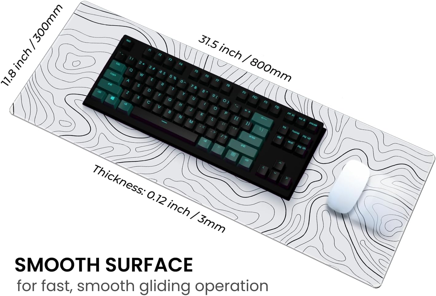 MAY FLOWER Large Gaming Mouse Pad, Full Keyboard Mat, Long Laptop Mousepad, Computer Mouse Mat for Home and Office, Anti-Slip Rubber Base, 31.5 x 11.8 Inches (Grey White Topographic Map) - Image 4