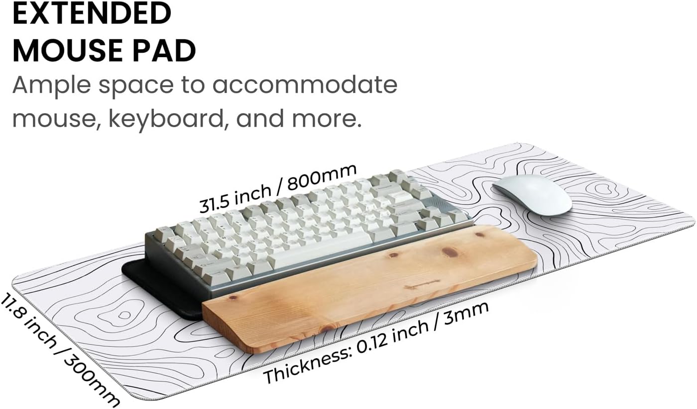 MAY FLOWER Large Gaming Mouse Pad, Full Keyboard Mat, Long Laptop Mousepad, Computer Mouse Mat for Home and Office, Anti-Slip Rubber Base, 31.5 x 11.8 Inches (Grey White Topographic Map) - Image 3