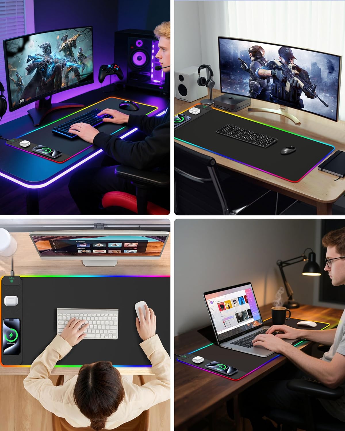 Mouse Pad with Wireless Charging, RGB Gaming Desk Mat, 31.5"x15.7" Large XXL Desk Pad, 15 Lighting Modes, Non-Slip Mouse Mat, Waterproof Computer Keyboard Pad, Black with 20W PD Power Adapter - Image 9