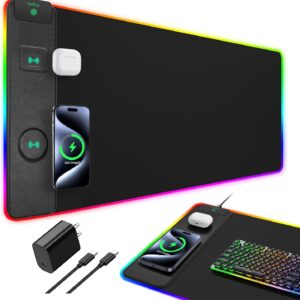 Mouse Pad with Wireless Charging, RGB Gaming Desk Mat, 31.5"x15.7" Large XXL Desk Pad, 15 Lighting Modes, Non-Slip Mouse Mat, Waterproof Computer Keyboard Pad, Black with 20W PD Power Adapter