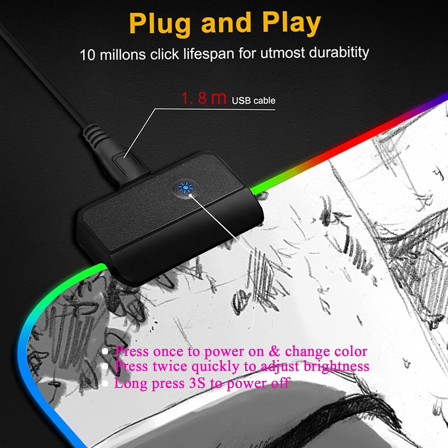 Mouse Pads Cute Girls RGB Mousepad LED Gaming Mouse Pad Anti-Slip Keyboard Pad Gamer Computer Accessories Large Desk Pad 39.3 X19.6 Inch - Image 5