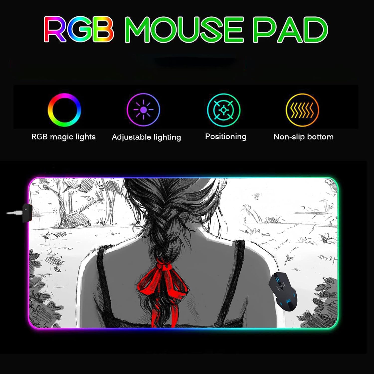 Mouse Pads Cute Girls RGB Mousepad LED Gaming Mouse Pad Anti-Slip Keyboard Pad Gamer Computer Accessories Large Desk Pad 39.3 X19.6 Inch - Image 2
