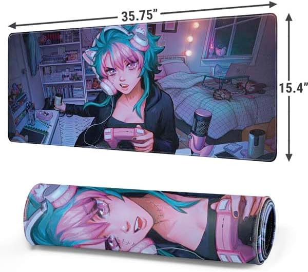 Skinit Extra Large Gaming Mouse Pad - Officially Licensed Anime Catgirl Gamer Nerd Design with Stitched Edges, Waterproof, Non-Slip Rubber Base, Desk Mat for Keyboard & Mouse, 35.75" x 15.4" inches - Image 2