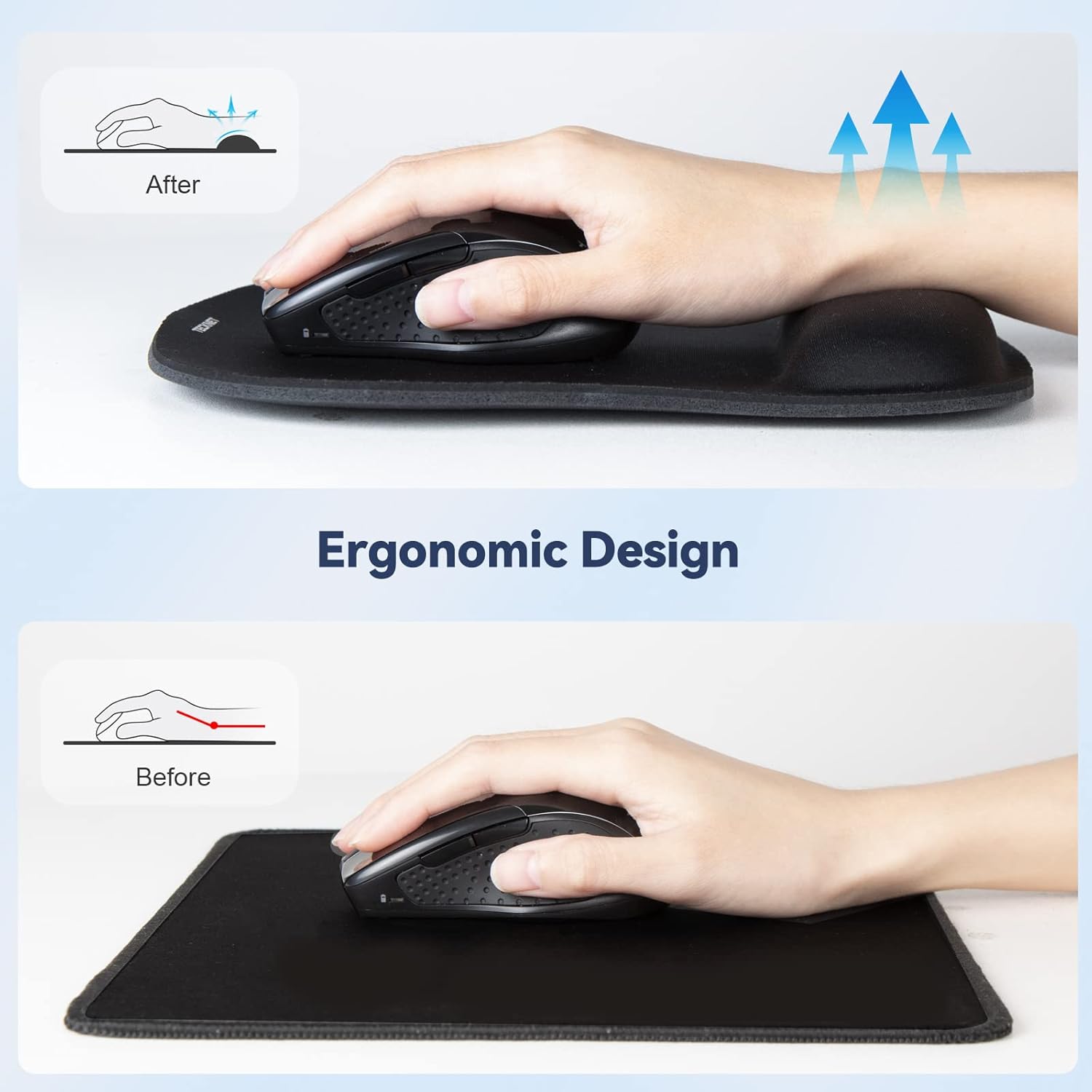 TECKNET 2 Pack Mouse Pad with Wrist Support, Ergonomic Gaming Mouse Pad Pain Relief, Portable Comfortable Mousepad for Computer, Laptop, Office, Home Non-Slip Base, Waterproof Surface - Black - Image 2