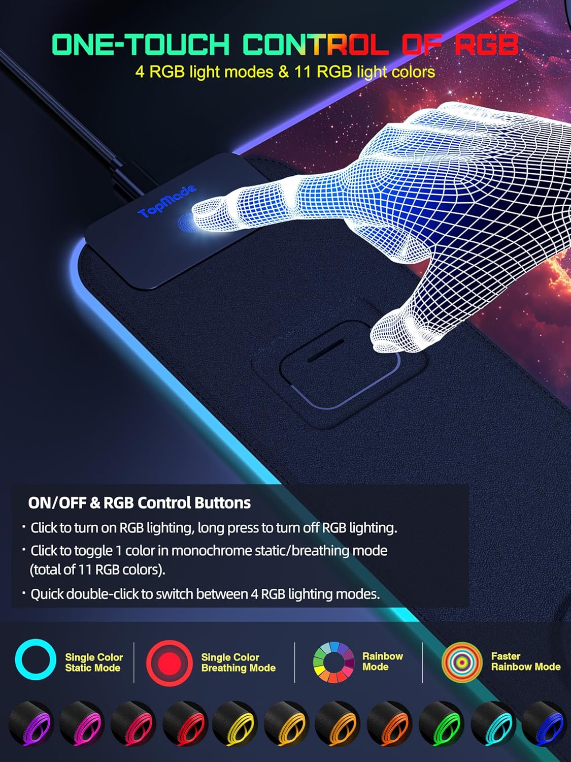 TopMade RGB Gaming Mouse Pad with 15W Wireless Charging, 31.5\u201D x 15.8\u201D XXL Large Desk Mat Home Office Keyboard Pad for Desk, Waterproof Mousepad with Smooth Surface, Non-Slip Base, Galaxy Nebula - Image 4