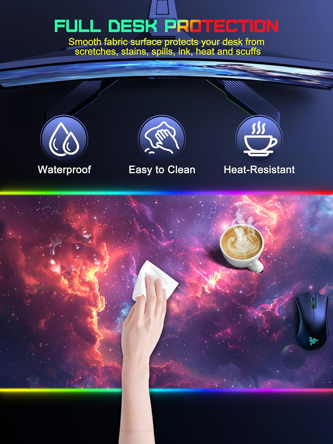 TopMade RGB Gaming Mouse Pad with 15W Wireless Charging, 31.5\u201D x 15.8\u201D XXL Large Desk Mat Home Office Keyboard Pad for Desk, Waterproof Mousepad with Smooth Surface, Non-Slip Base, Galaxy Nebula - Image 7