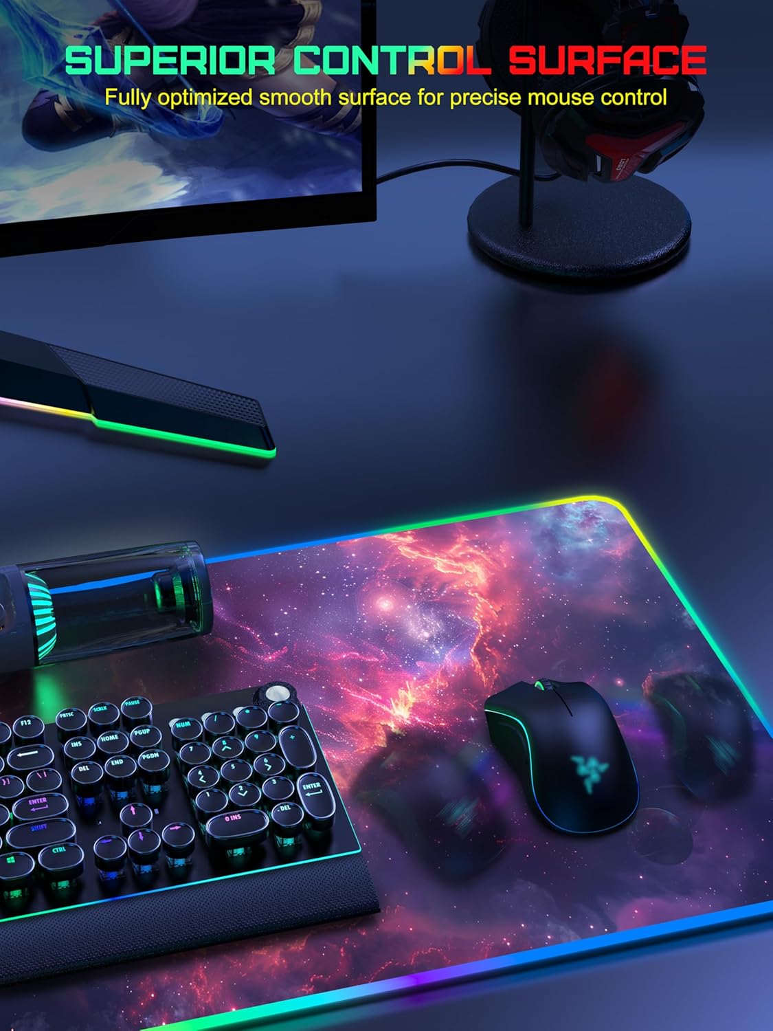 TopMade RGB Gaming Mouse Pad with 15W Wireless Charging, 31.5\u201D x 15.8\u201D XXL Large Desk Mat Home Office Keyboard Pad for Desk, Waterproof Mousepad with Smooth Surface, Non-Slip Base, Galaxy Nebula - Image 5