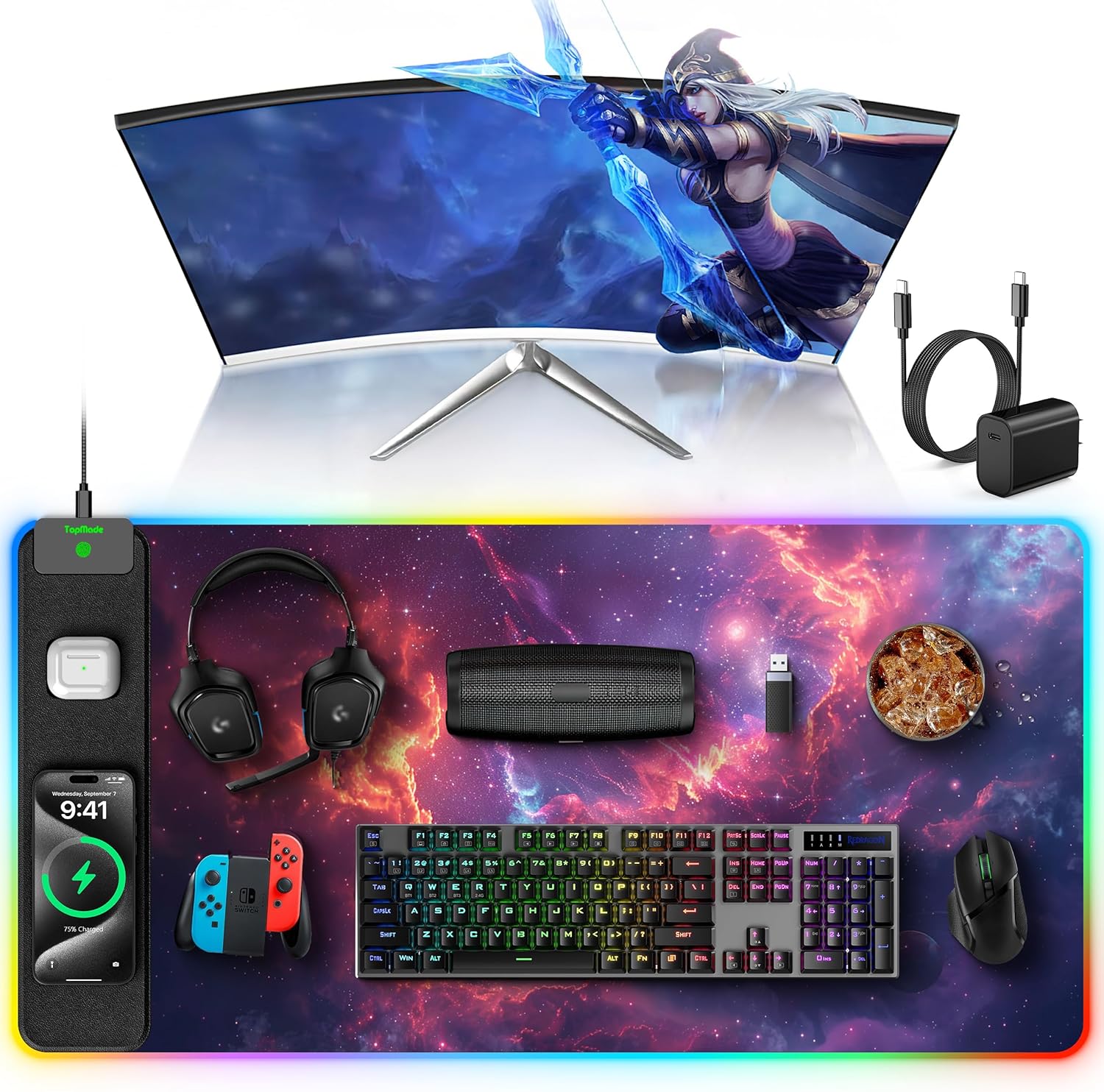 TopMade RGB Gaming Mouse Pad with 15W Wireless Charging, 31.5\u201D x 15.8\u201D XXL Large Desk Mat Home Office Keyboard Pad for Desk, Waterproof Mousepad with Smooth Surface, Non-Slip Base, Galaxy Nebula - Image 2