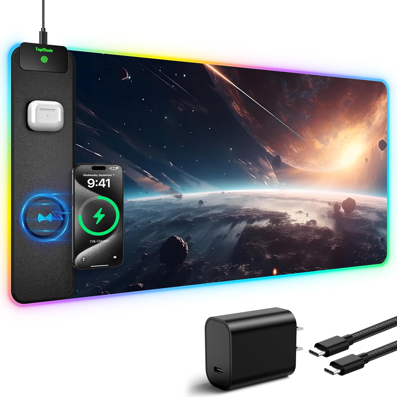 TopMade RGB Gaming Mouse Pad with 15W Wireless Charging, 31.5\u201D x 15.8\u201D XXL Large Desk Mat Home Office Keyboard Pad for Desk, Waterproof Mousepad with Smooth Surface, Non-Slip Base, Galaxy Nebula - Image 9