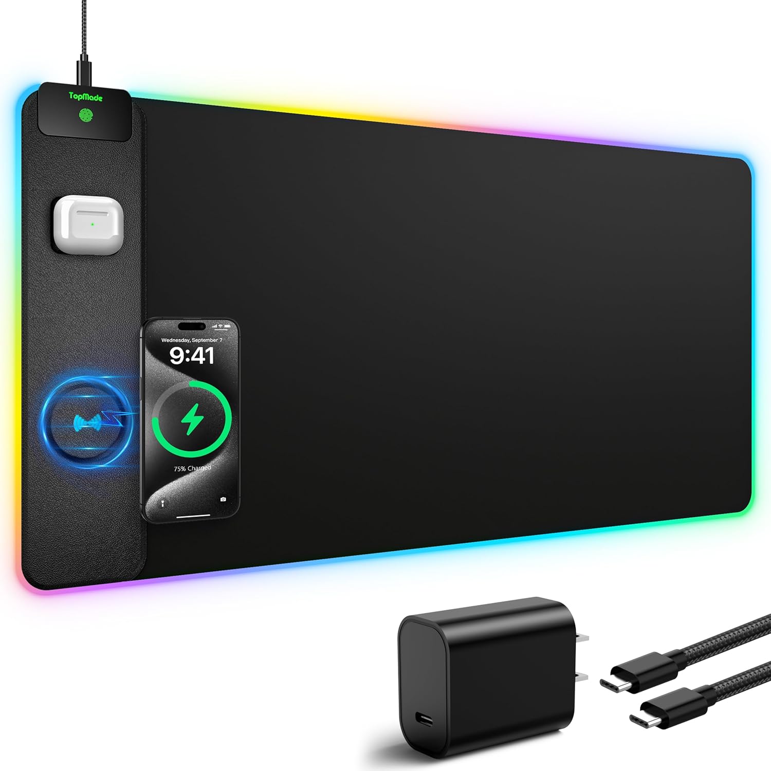 TopMade RGB Gaming Mouse Pad with 15W Wireless Charging, 31.5\u201D x 15.8\u201D XXL Large Desk Mat Home Office Keyboard Pad for Desk, Waterproof Mousepad with Smooth Surface, Non-Slip Base, Galaxy Nebula - Image 10