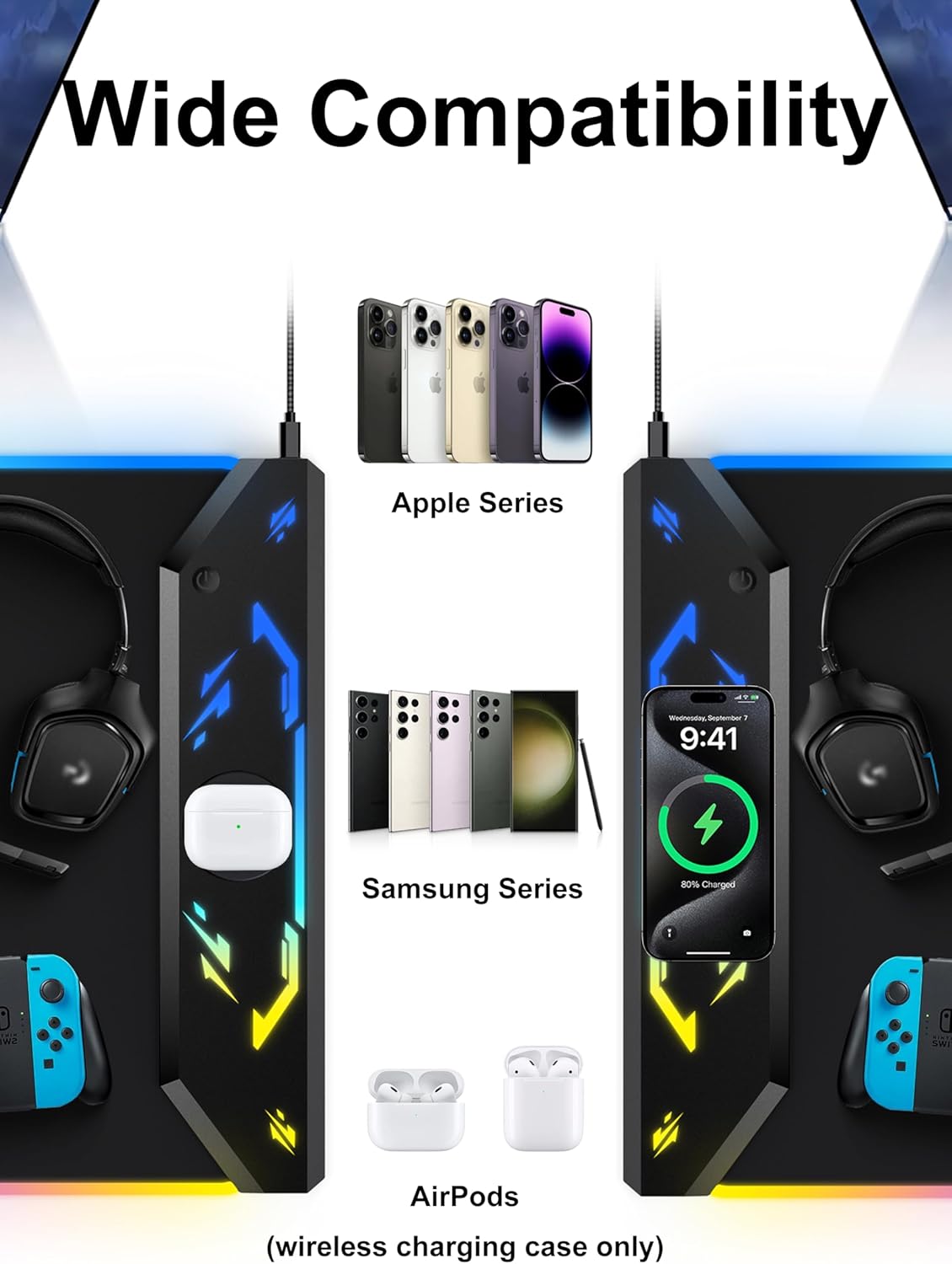 TopMade Wireless Charging Mouse Pad, RGB Gaming Mousepad, 35.4" x 15.8" Extra Large Waterproof Keyboard Desk Pad, Cool Computer Desk Mat, Black (Includes 20W PD Power Adapter & 6.56ft Woven Cable) - Image 8