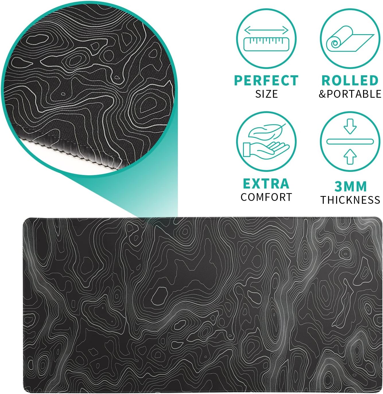 Topographic Contour Extended Big Mouse Pad Large,Gaming Mouse Pad Desk Pad,27.6x11.8 Inch Long Computer Keyboard Mouse Mat Mousepad with 3mm Non-Slip Base and Stitched Edge for Gaming and Office - Image 4